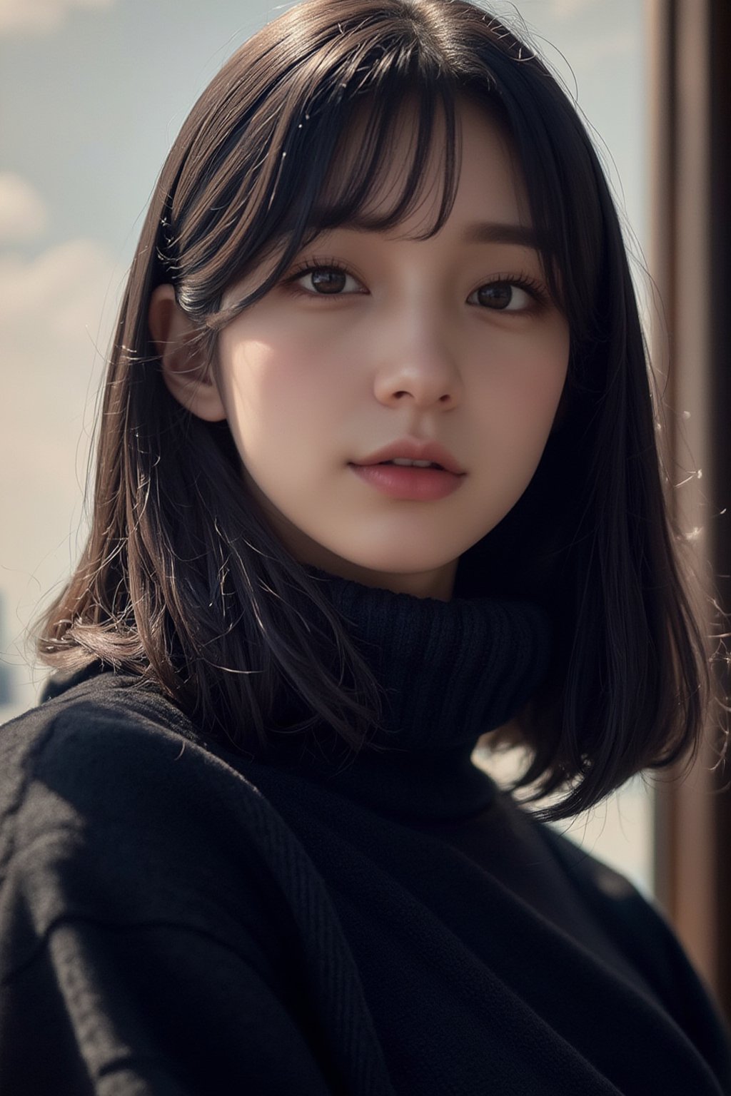 Depict a photorealistic, close-up portrait of a 32-year-old Japanese woman with black bob hair, embodying purity and innocence. She is wearing a simple black turtleneck sweater. The lighting is soft and natural, creating a serene and intimate atmosphere. The image should be high-resolution, with attention to the texture of the sweater and her gentle expression, focusing on her innocent and kind nature.