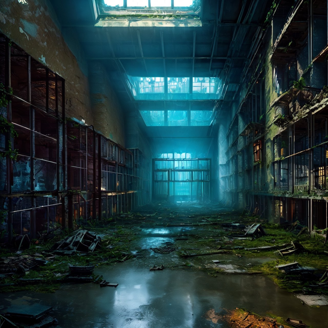 High-quality, ultra-realistic digital art, 64K HDR, eerie and haunting scene of (prison ruins:1.4) with (human skeletons:1.3), adjacent to a (dilapidated ancient hospital:1.4), crumbling walls, broken windows, overgrown vegetation, faded signs, rusted medical equipment, debris, sense of history and neglect, atmospheric lighting, photorealism.