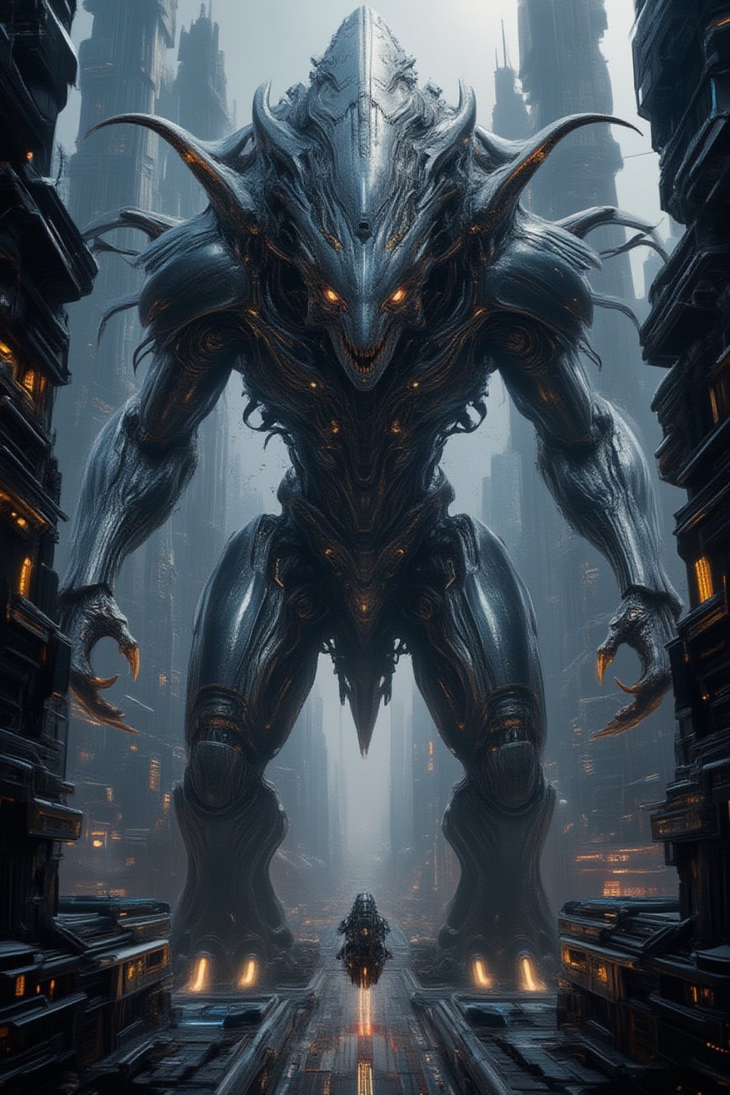 A gigantic alien monster towering over a futuristic city, its massive form covered in bioluminescent armor-like skin, with glowing eyes and sharp claws. The creature’s limbs stretch across skyscrapers, smashing through buildings as its tail whips through the city. The futuristic city beneath is filled with towering, neon-lit skyscrapers, flying vehicles, and advanced technology, all thrown into chaos as the alien monster rampages,FuturEvoLabGiant,FuturEvoLabMecha,FuturEvoLabArmor