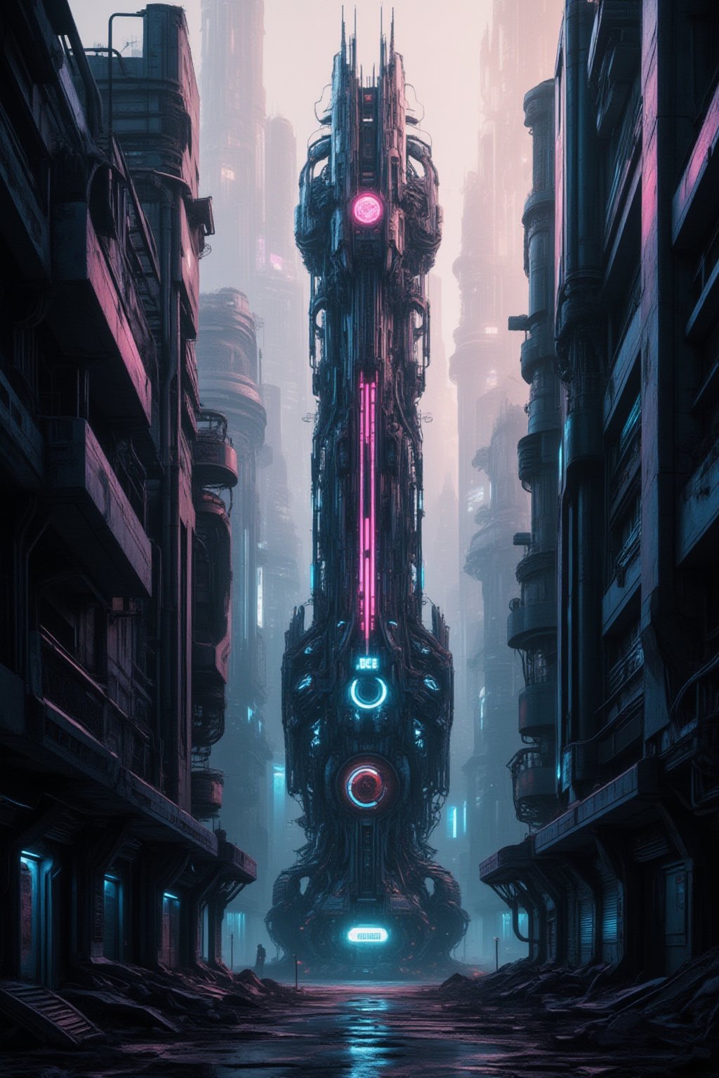 A neon-drenched metropolis of tomorrow: a cyberpunk cityscape where towering skyscrapers pierce the smog-filled sky, their metallic facades reflecting the glow of holographic advertisements. Amidst the labyrinthine streets, humans and AI hybrids coexist in a world of perpetual revolution, where ancient buildings crumble beneath the weight of progress.,FuturEvoLabScene,FuturEvoLabScene