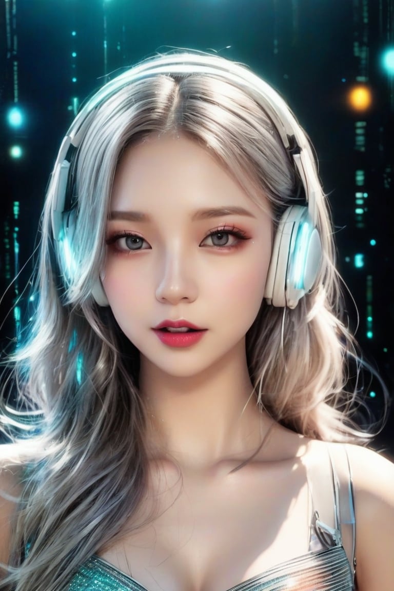 masterpiece, best quality, photorealistic, 1girl, solo, long wavy hair, silver hair with holographic sheen, looking at viewer, upper body, Concert Stage Background, minimal background, neon lighting, smooth shadows, charming expression, detailed skin, soft features, idol setup, classic portrait style, high clarity, simple background, cinematic lighting, wearing a holographic dress with light-up headphones, futuristic and dazzling, FuturEvoLabAnime,FuturEvoLabCyberpunk,FuturEvoLabCity