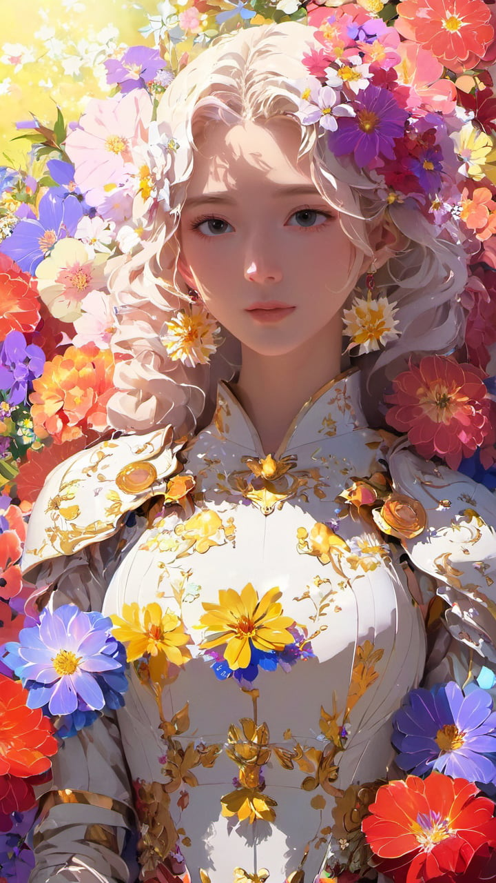 portrait,woman, flower dress, colorful, darl background,flower armor,white theme,dfdd,2d_animated,niji5