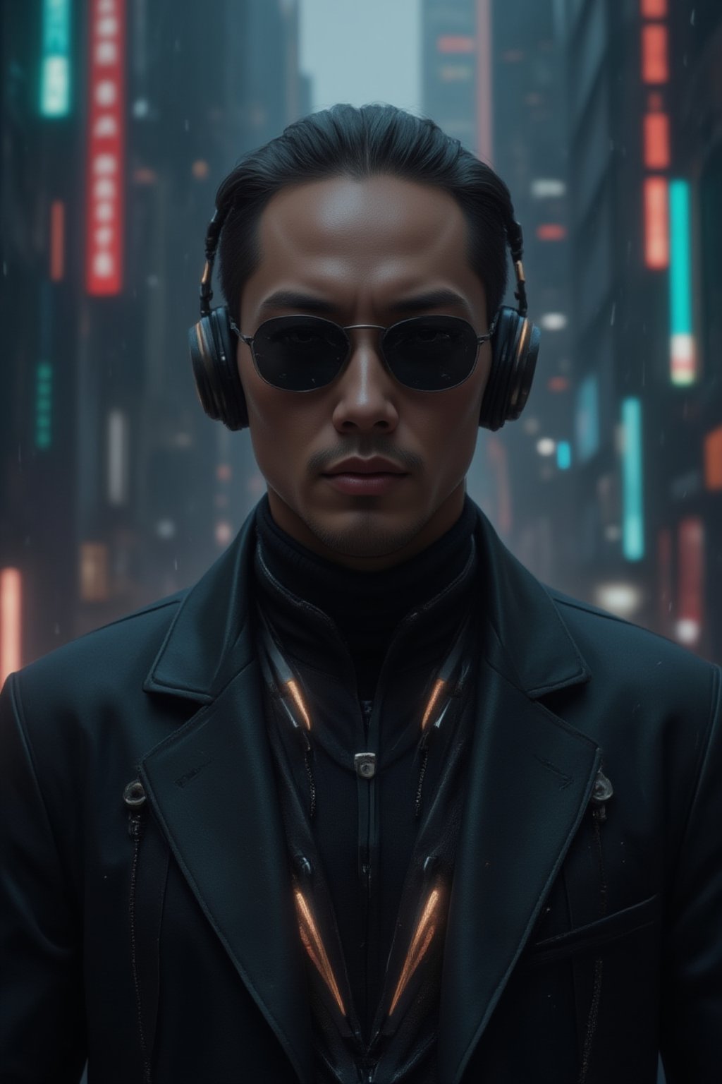 A close-up shot of a man wearing sleek black sunglasses and a long, flowing black leather trench coat, reminiscent of characters from *The Matrix*. His expression is stoic, exuding a sense of mystery and power. The futuristic coat is detailed with subtle metallic accents and cybernetic enhancements visible on his neck and collar. He is also wearing sleek, high-tech headphones that blend seamlessly into the cyberpunk aesthetic, with glowing accents that match the metallic elements of his outfit. The background features a dark, dystopian city with neon lights reflecting off his sunglasses, digital rain falling, and towering skyscrapers in the distance, evoking a cyberpunk atmosphere. The scene is intense and filled with a futuristic, high-tech vibe, focusing on the man's upper body and head, capturing his presence and confidence, FuturEvoLabScene, FuturEvoLabNinja