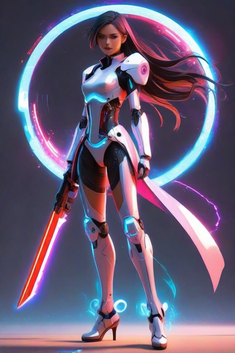 masterpiece, best quality, anime, anime style, Game character design, cyberpunk, full body, 1girl, solo, mecha, energy sword weapon, looking at viewer, gray background, FuturEvoLabMecha, FuturEvoLabGame, FuturEvoLabAnime, FuturEvoLabTaichi, FuturEvoLabCyberpunk, yin yang, taichi