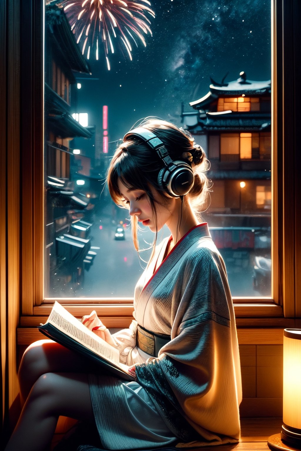 A cute LOFI music themed anime-style girl wearing a winter kimono, leisurely reading a book by a window. She is wearing headphones and listening to music. The window offers a view of a vast night sky filled with stars and fireworks, set in a cyberpunk world. The image features a warm color palette, creating a cozy and inviting atmosphere. This scene combines traditional Japanese elements with a futuristic cyberpunk setting, capturing the essence of a serene winter night. perfectly suited for a LOFI music background.,Lofi style