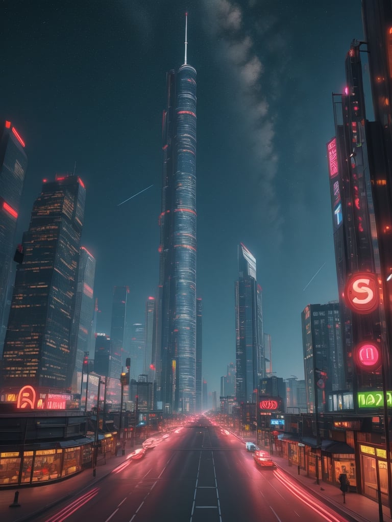 masterpiece, best quality, 4k, 8k, highres, ultra-detailed, A photorealistic futuristic cityscape with towering glass buildings, neon lights, flying cars, glowing signs, bustling streets, under a dark, starry sky