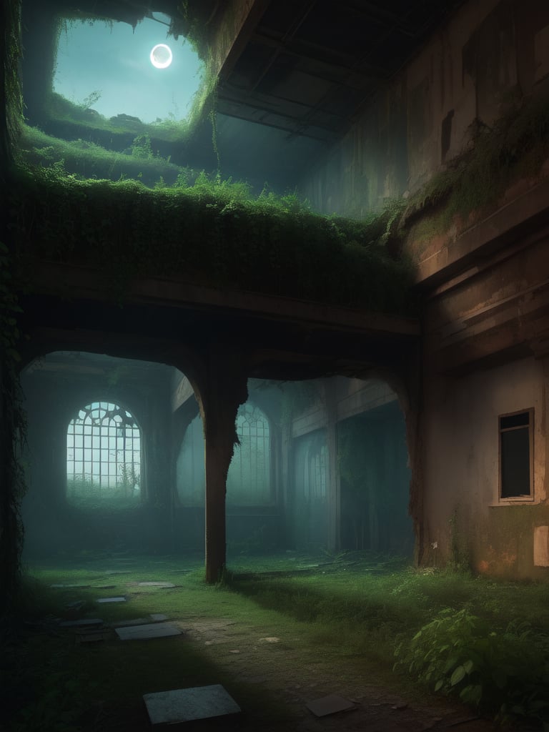 FuturEvoLabScene, ruins scene, ruins, Night, Moonlight, indoors, no humans, window, sunlight, scenery, overgrown