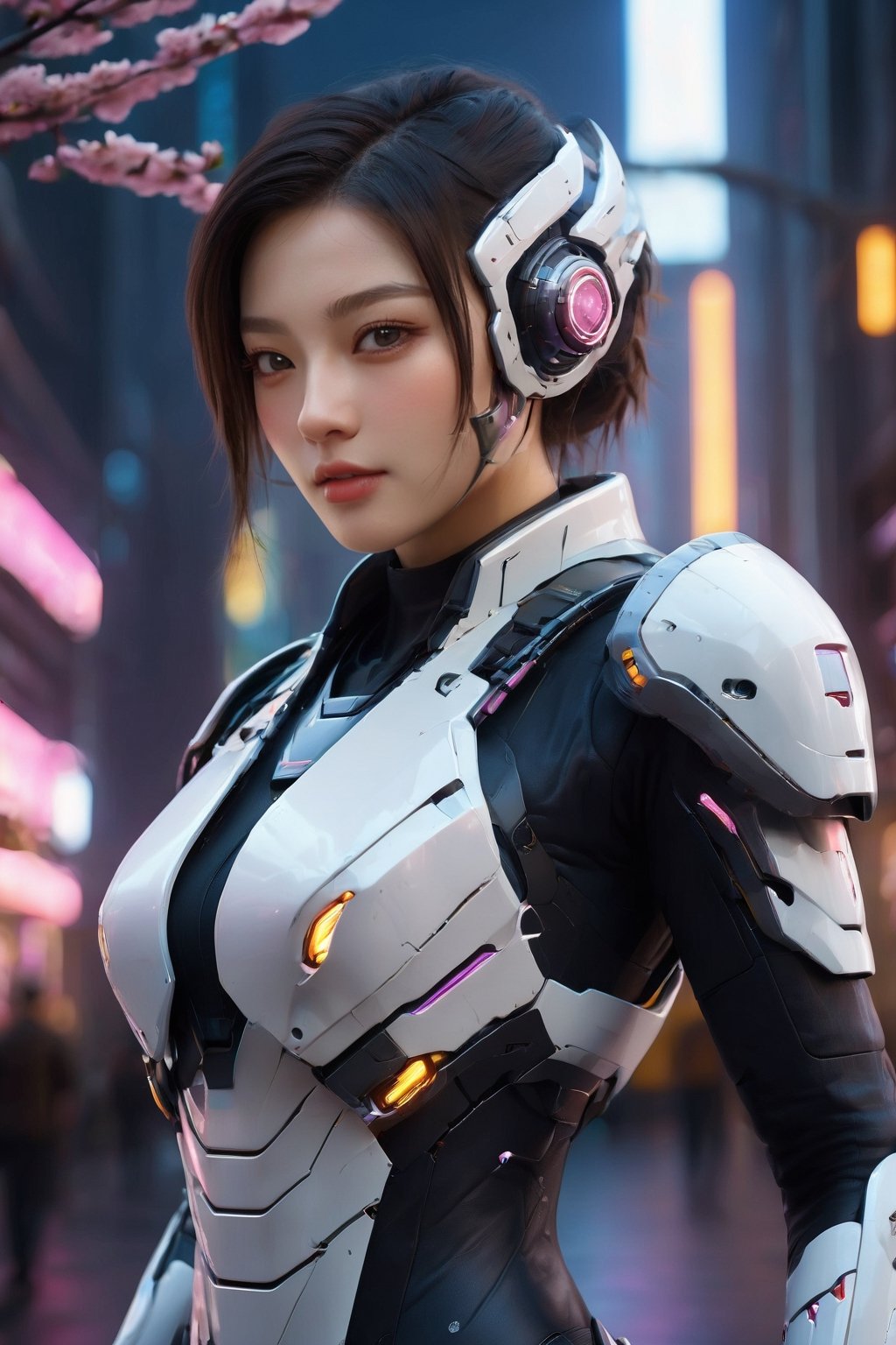 Masterpiece, High quality, 64K, Unity 64K Wallpaper, HDR, Best Quality, RAW, Super Fine Photography, Super High Resolution, Super Detailed, Beautiful and Aesthetic, Stunningly beautiful, Perfect proportions, 1girl, Solo, White skin, Detailed skin, Realistic skin details, (Mecha:1.5) Futuristic Mecha, Arms Mecha, Dynamic pose, Battle stance, Swaying hair, by FuturEvoLab, Dark City Night, Cyberpunk City, Cyberpunk architecture, Future architecture, Fine architecture, Accurate architectural structure, Detailed complex busy background, Gorgeous, Cherry blossoms, Sharp focus, Perfect facial features, Pure and pretty, Perfect eyes, Lively eyes, Elegant face, Delicate face, Exquisite face, Pink Mecha,