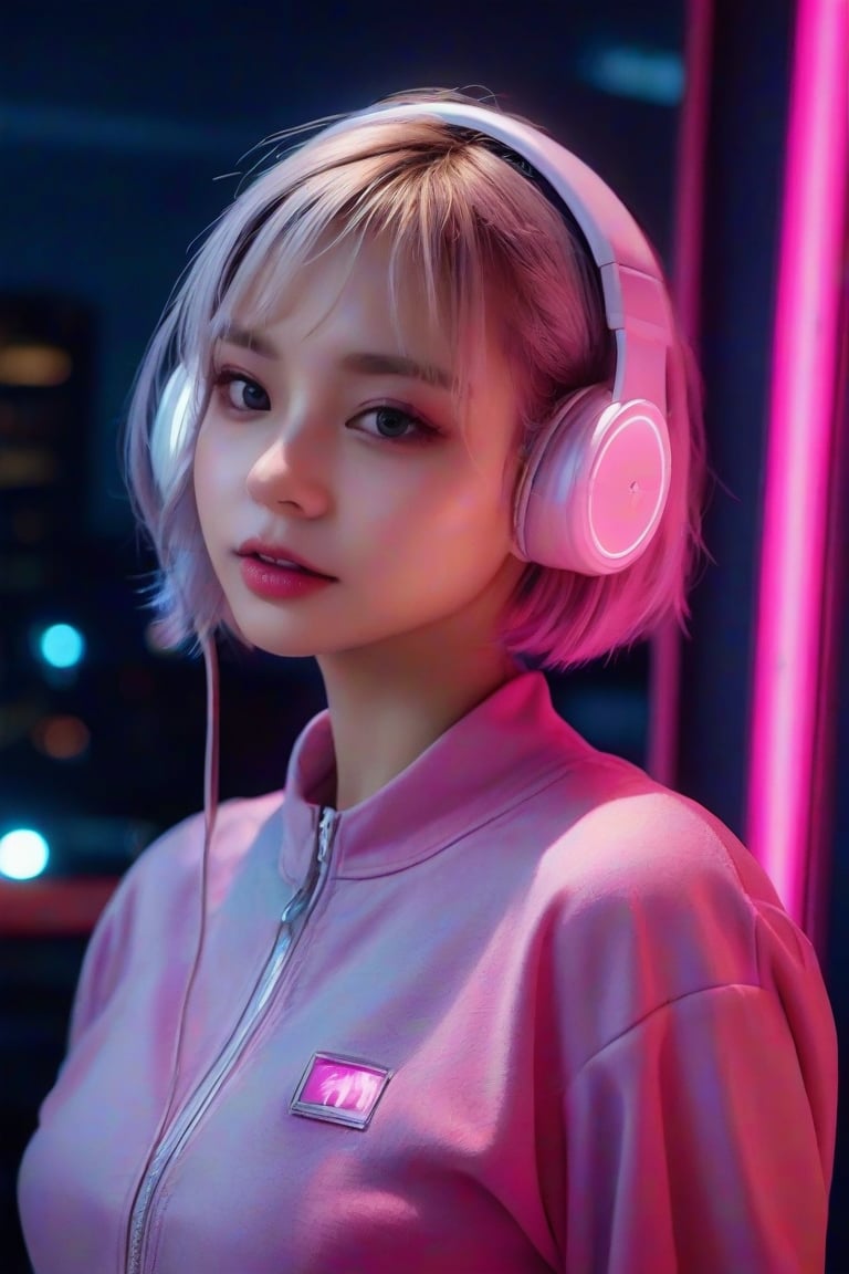 masterpiece, best quality, photorealistic, 1girl, solo, short bob cut, metallic silver hair, looking at viewer, upper body, Dark Urban Background, minimal background, neon pink lighting, sharp shadows, intense expression, detailed skin, smooth features, modern setup, classic portrait style, high clarity, simple background, cinematic lighting, wearing a sleek neon runner outfit with glowing sneakers and streamlined headphones, agile and futuristic
