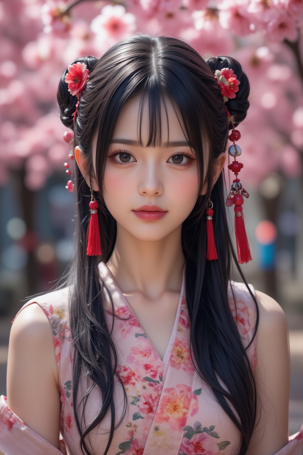 A serene Japanese maiden stands alone against a blurry backdrop of blooming cherry blossom trees. She gazes directly at the viewer with a gentle smile, her parted bangs framing her heart-shaped face. Her black hair cascades down her back, adorned with intricate hair ornaments and hair rings. Red eyes sparkle beneath luscious eyelashes, and her lips curve upward in a subtle grin. A floral print kimono drapes across her upper body, its vibrant colors muted by the soft focus of the background. Delicate earrings and a tassel dangle from her ears as she wears a bow-adorned hairstyle. The camera's shallow depth of field blurs everything except for our subject, emphasizing her captivating presence.