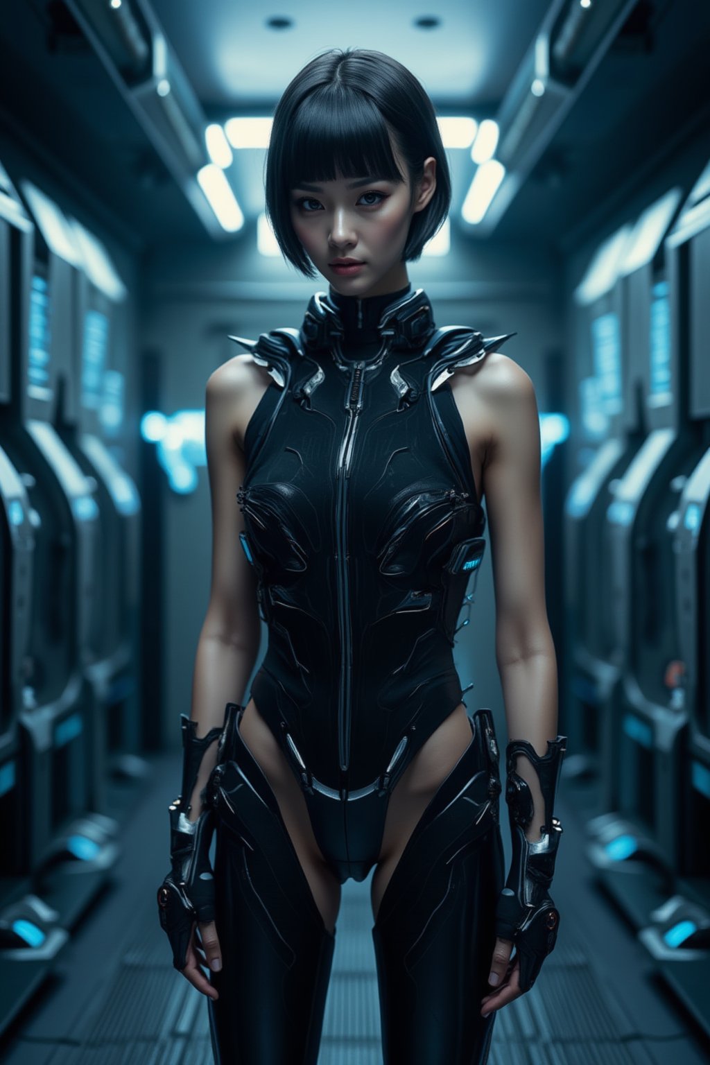 A futuristic laboratory setting with a sleek, metallic background. A single girl, donning a stylish bob-cut and form-fitting bodysuit, stands confidently in the center of the frame. Her gaze is directly aimed at the viewer, conveying a sense of determination and intelligence. The lighting is dimly lit, with soft blue hues casting an otherworldly glow. Composition wise, she's positioned to create a strong diagonal line, drawing attention to her striking features. Realistic details and textures are used throughout, showcasing the best quality in this masterpiece.,FuturEvoLabArmor