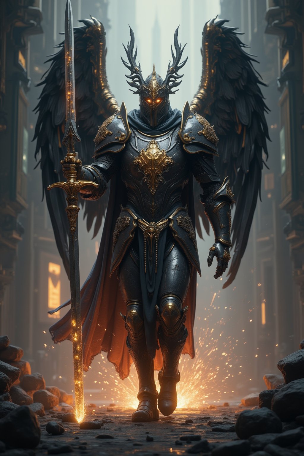 A hyper-realistic image of a tall, sturdy, bulky but sleek holy knight weilding a twohanded great sword raised up with both hands, glowing with royal aura, holy armor is intricately designed. intricately detailed holy wings folded in. running forward as vanguard in front of his royal warrior knights, the ground breaks and bursts at his every step forming an explosive debris of rocks and dirt.,FuturEvoLabScene