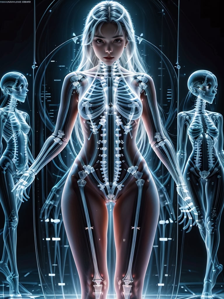 Masterpiece, High quality, 64K, Unity 64K Wallpaper, HDR, Best Quality, RAW, Super Fine Photography, Super High Resolution, Super Detailed, Beautiful and Aesthetic, Stunningly beautiful, Perfect proportions, by FuturEvoLab, 
(X-Ray Style:1.5), X-Ray, X-ray slides of female skeletons, 