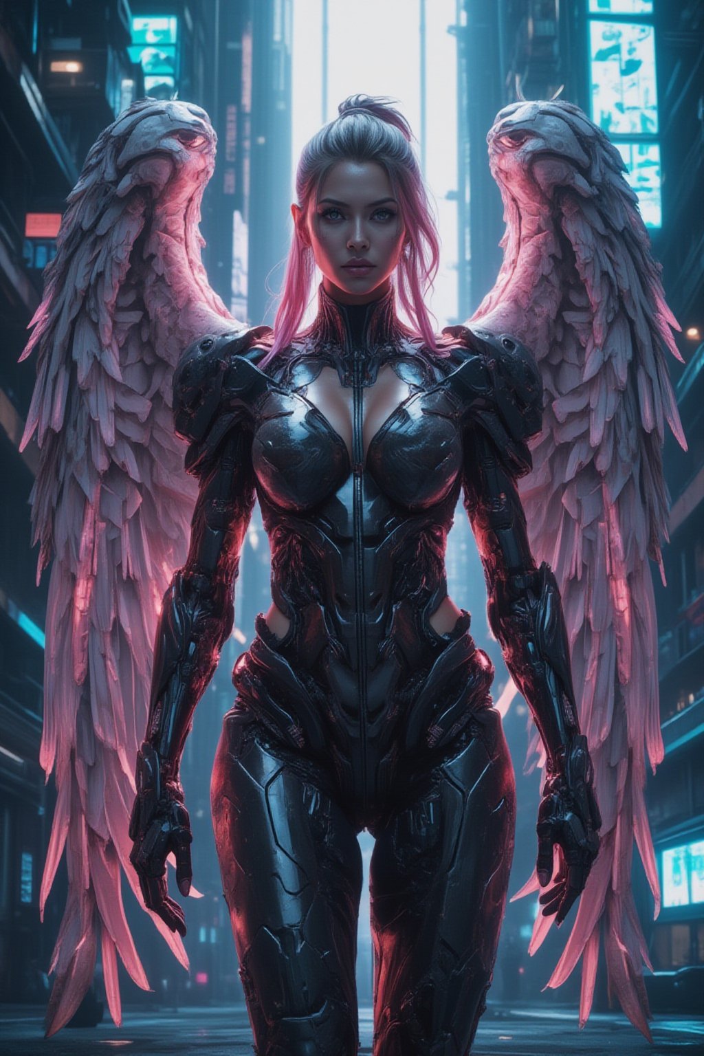 A cyberpunk-inspired young woman with massive angel wings, each feather a piece of reflective metal with neon edges. She has a stern expression, her body augmented with advanced technology. She stands in a futuristic cityscape filled with towering holograms and neon billboards, her wings shining with a soft, ethereal glow.,FuturEvoLabNinja