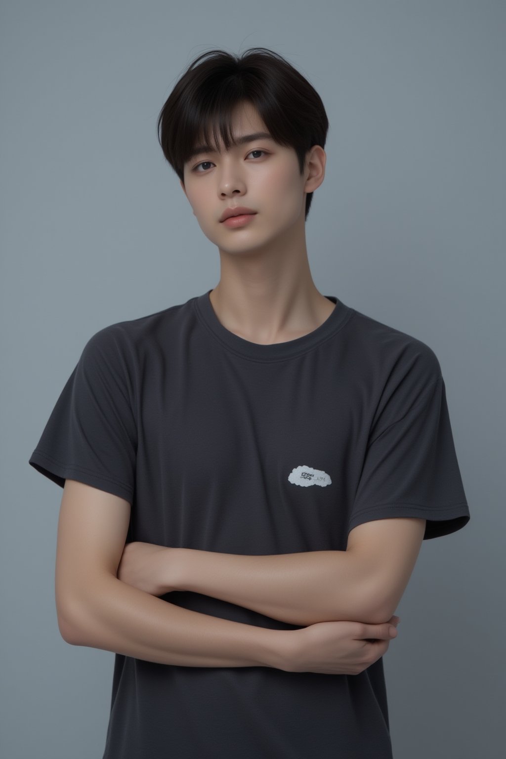 Half-body shot of a handsome Japanese male model, posing with confidence, sharp facial features, stylish outfit, focused on upper body and arms, neutral gray background, professional lighting, photorealistic, detailed skin texture, well-groomed appearance,FuturEvoLabBeautify