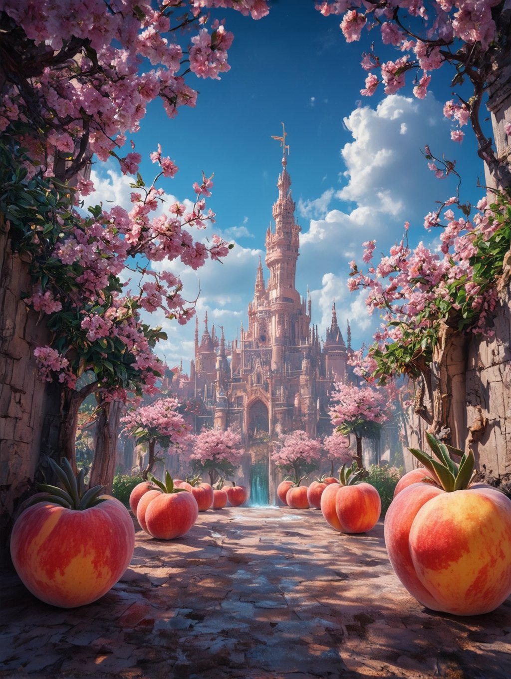 In a wondrously gleaming futuristic realm composed entirely of ripe peaches, a towering palace made of glistening peach flesh and pitted stone stands as the focal point of the image. The palace's walls are adorned with intricate carvings of peach vines and blossoms, while peach juice flows like streams through the city streets. This vivid and surreal painting captures the ethereal beauty of a world where nature and architecture are seamlessly intertwined, every detail rendered with unparalleled precision and depth, making viewers feel as if they could reach out and touch the succulent fruit structures.