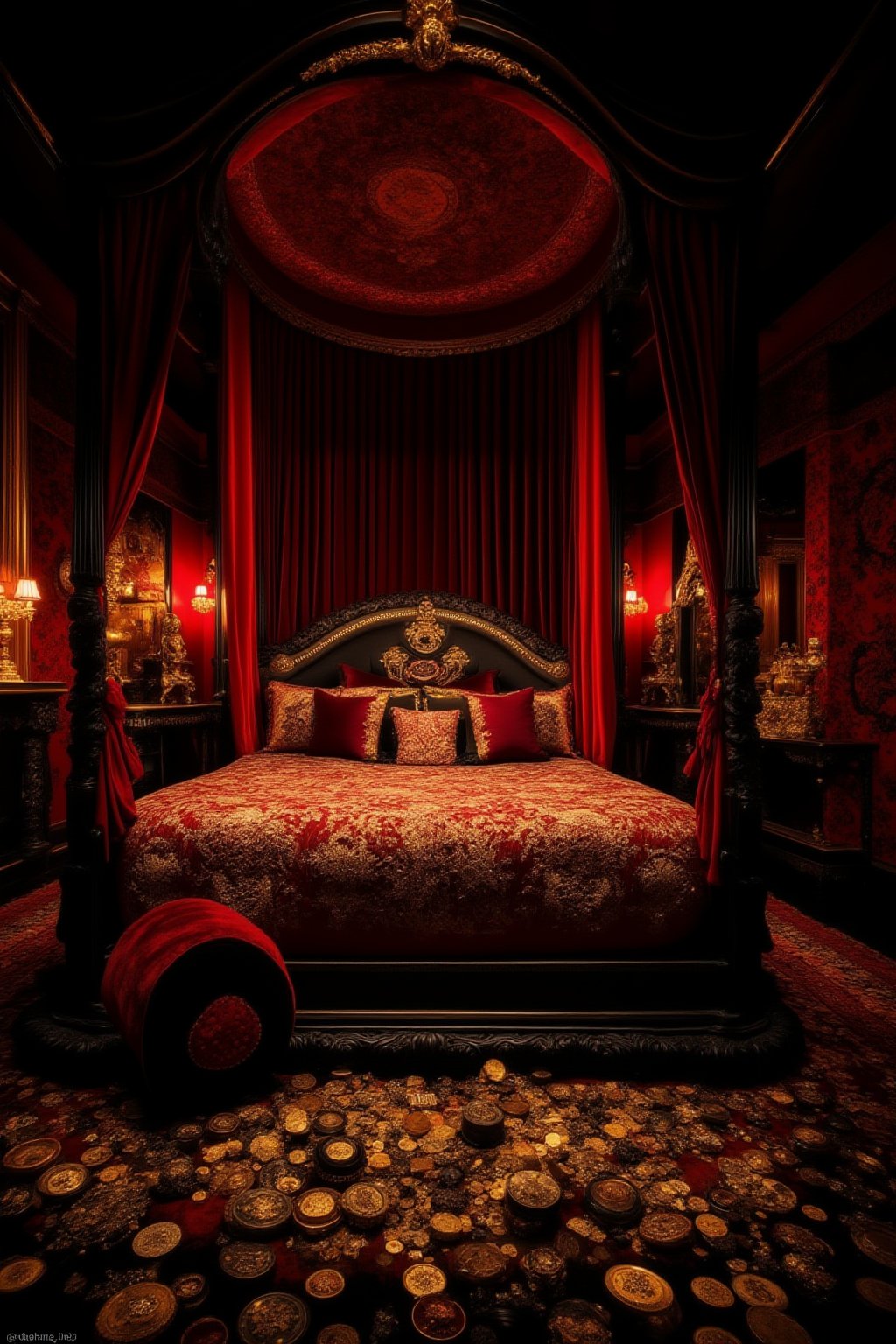 A luxurious bedchamber overflowing with gold and silver treasures. The room is dimly lit by a single candelabra on the bedside table, casting a warm glow on the opulent fabrics and ornate furnishings. A velvet canopy above the four-poster bed is embroidered with glittering thread, reflecting the treasure trove of coins, jewels, and precious artifacts scattered across the plush carpet.,FuturEvoLabRoom