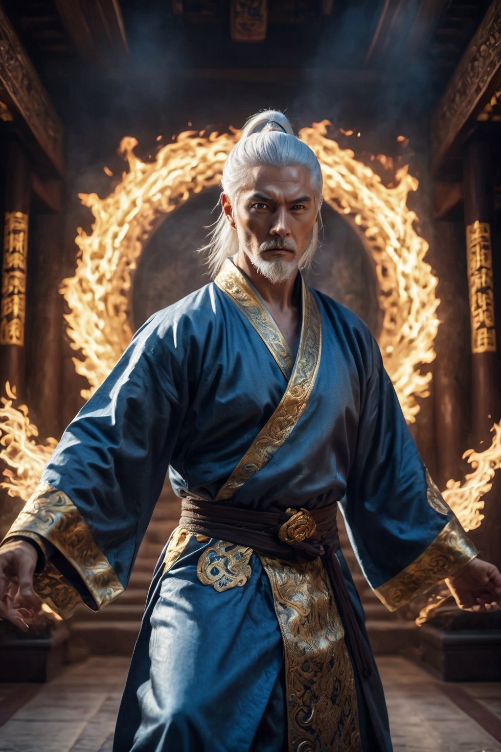 Envision a man with flowing short white hair and golden half mask, blue eyes, looking at viewer, wore a silver colored robe with glowing totemic embroidery, refined muscular body, standing on palace interior full of gold, exquisite details and texture, detailed face, anatomy correct, best quality, ultra detailed, photorealistic, capturing the essense of ancient and immortality, rage fire, hellfire, blue flame,Doton,Ninja