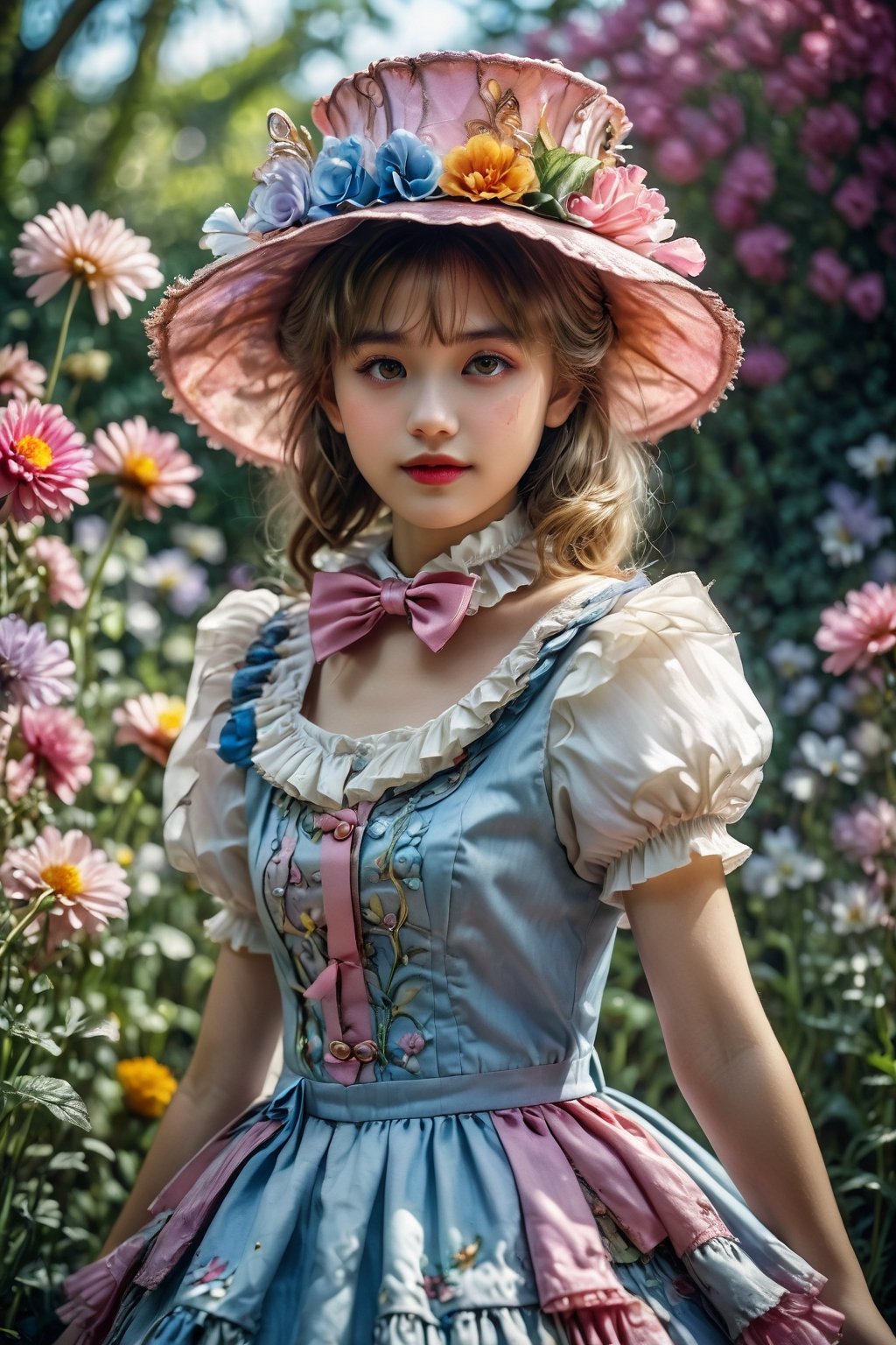 Alice in Wonderland background, 1 girl, cladding in a colorful waistcoat and donning an whimsically decorated (top hat adorned with flowers).fantasy, (garden tea party), (Cinematic lighting, ethereal light, intricate details, extremely detailed, incredible details, full colored), complex details, hyper maximalist, gorgeous light and shadow, detailed decoration, detailed lines. masterpiece, best quality, HDR, UHD, unreal engine. looking at the camera, fair skin, beautiful face,Mireiyu,simplecats