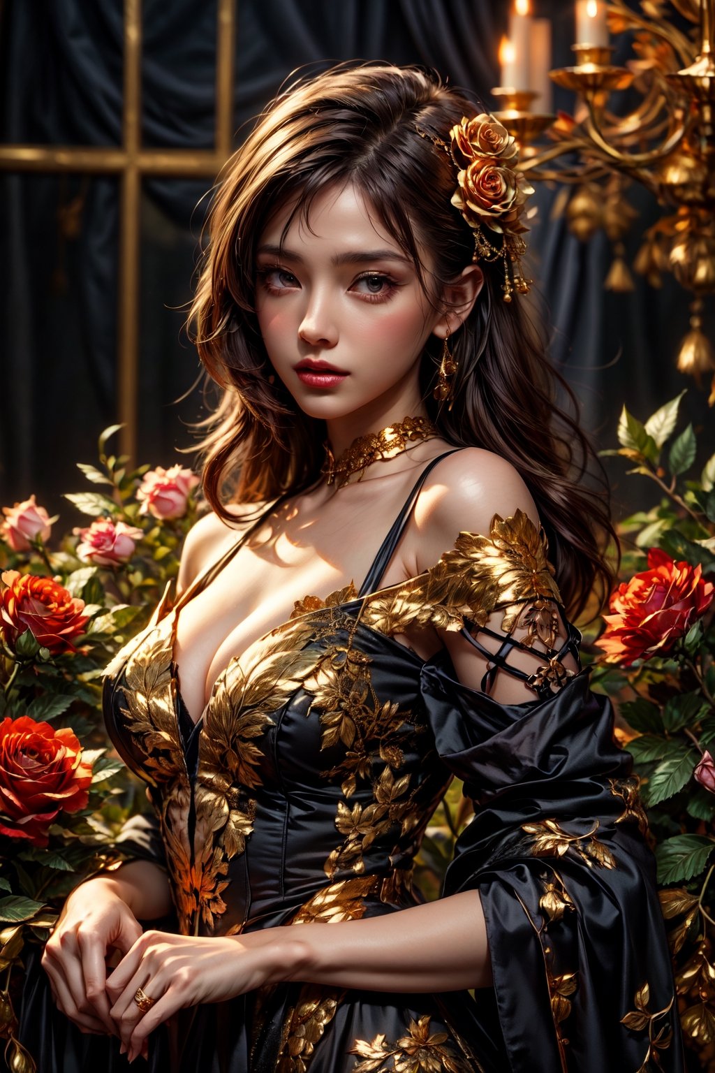 Woman with hidden gaze, nestled among realistic blooms and Gold Edged Black Roses, deep colors, intricate details, by FuturEvoLab, elegant atmosphere.