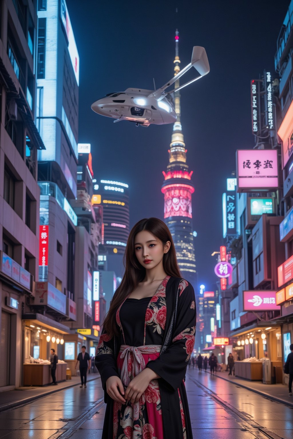 A stunning Japanese beauty stands out on the futuristic Kyoto streets at night, her traditional kimono vibrant against sleek, high-tech architecture with shimmering digital panels and holographic displays. Confidently posing with hands tucked into her sleeves, her long hair flows gently in the cool, neon-lit night air. Above her, futuristic temples glow with bright, neon lights, their structures enhanced with AI technology, blending tradition with a cyberpunk aesthetic. The night sky is filled with futuristic flying vehicles, their lights reflecting off the temple rooftops and casting vibrant, moving patterns onto the street below. Street vendors' stalls feature interactive digital elements, bursting with neon colors that perfectly match the bustling, futuristic vibe of the city. Her elegant figure is framed by this dynamic, technologically advanced, neon-infused cityscape, under the watchful presence of hovering aircraft.
