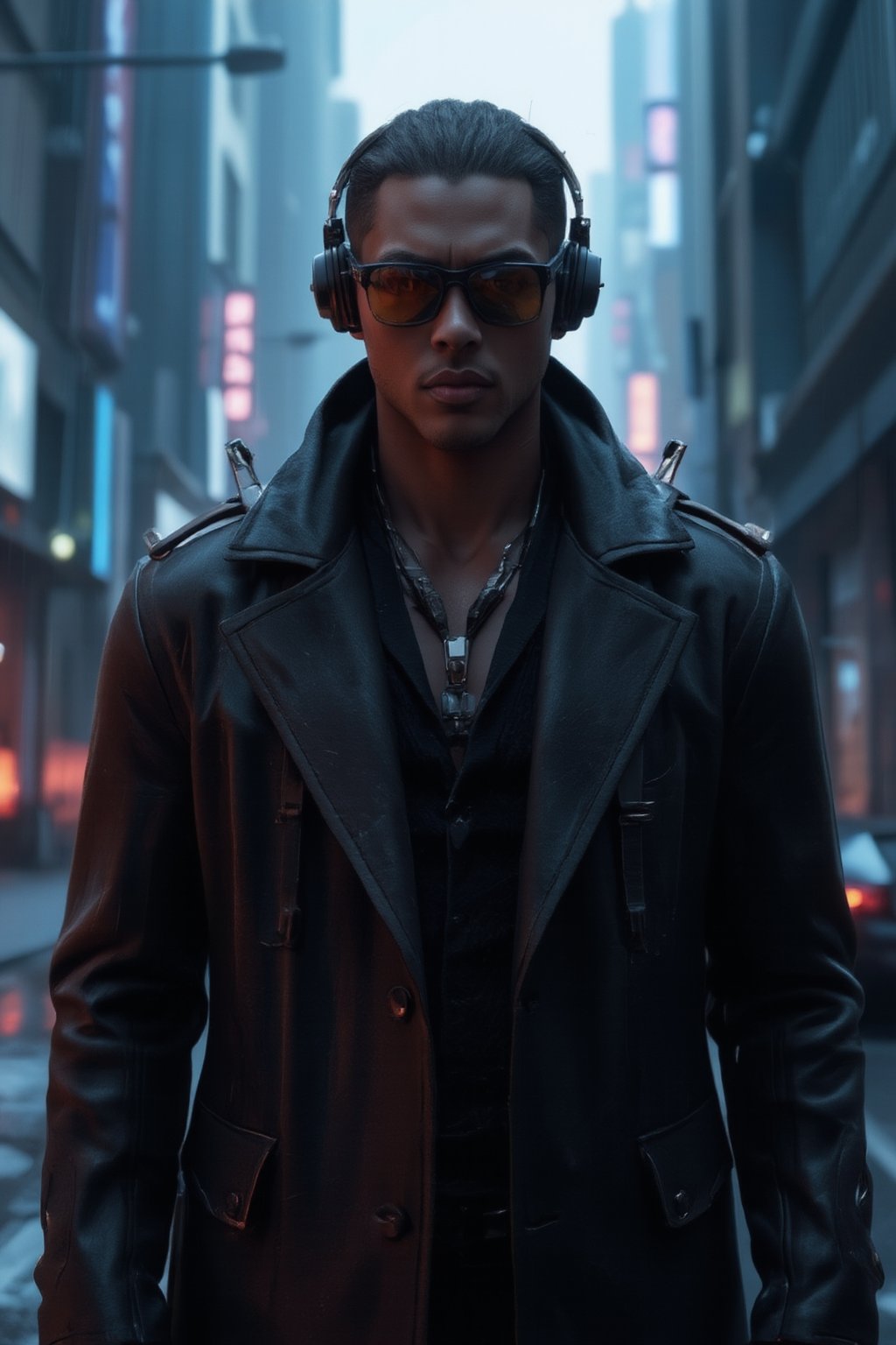 A close-up shot of a man wearing sleek black sunglasses and a long, flowing black leather trench coat, reminiscent of characters from *The Matrix*. His expression is stoic, exuding a sense of mystery and power. The futuristic coat is detailed with subtle metallic accents and cybernetic enhancements visible on his neck and collar. He is also wearing sleek, high-tech headphones that blend seamlessly into the cyberpunk aesthetic, with glowing accents that match the metallic elements of his outfit. The background features a dark, dystopian city with neon lights reflecting off his sunglasses, digital rain falling, and towering skyscrapers in the distance, evoking a cyberpunk atmosphere. The scene is intense and filled with a futuristic, high-tech vibe, focusing on the man's upper body and head, capturing his presence and confidence, FuturEvoLabScene, FuturEvoLabNinja