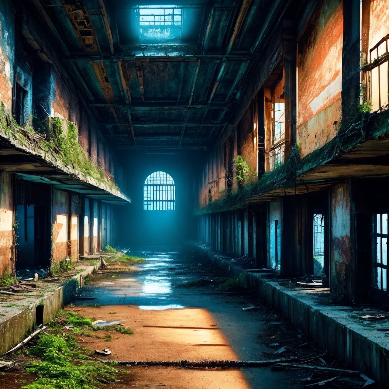 A scene of a prison ruin with human skeletons next to a dilapidated ancient hospital ruin. The prison and hospital are depicted in a desolate state, with crumbling walls, broken windows, and overgrown vegetation. Human skeletons are visible in the prison, indicating a long-abandoned site. The hospital appears ancient, with faded signs, rusted medical equipment, and debris. The overall atmosphere is eerie and haunting, capturing a sense of history and neglect in a once-busy place, now left to decay, 