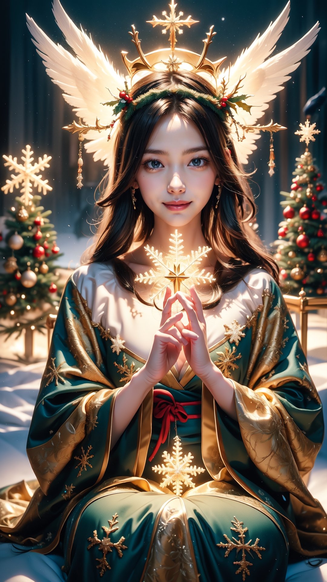 close up portrait, Highly detailed, High resolution scan, Unreal engine, Professional, 64K, UHD, HDR, Ansel Adams snowflake, archangel, Christmas tree, holy light, ,1 girl, Angel of Christmas,Japanese girl,Santa Claus,perfect,young girl