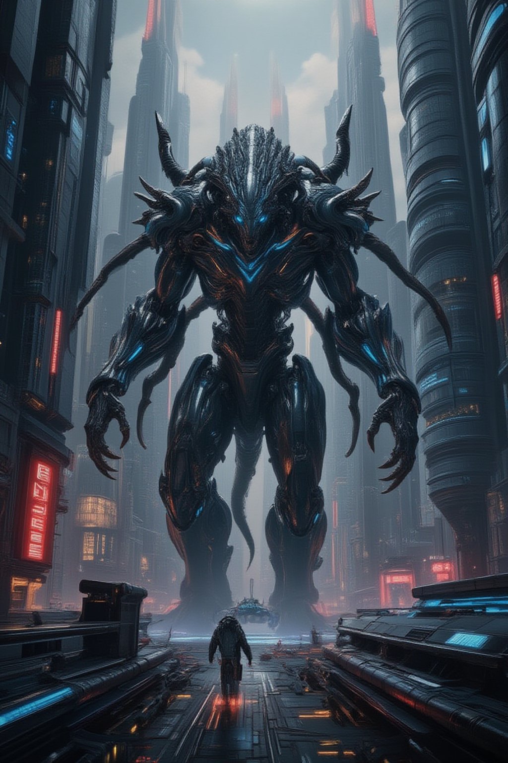 A colossal alien creature rampaging through a futuristic metropolis, its body covered in thick, scaly armor with glowing blue veins running across its skin. The alien has multiple limbs, some with sharp claws and others emitting strange energy. The futuristic city is made of sleek glass and metal skyscrapers, with flying cars and neon billboards, now being destroyed by the massive creature. The city is engulfed in smoke, fire, and chaos as the alien moves through it,FuturEvoLabGiant,FuturEvoLabMecha,FuturEvoLabArmor