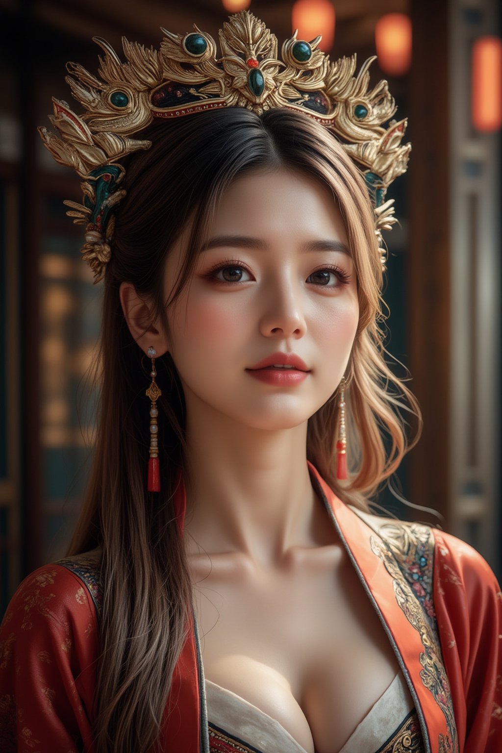 A stunning (korean woman), bangs-hairstyle ,cute-smile,wearing an opulent ancient Chinese empress costume,Her asian features, -brown eyes and fair skin, contrast beautifully with the ornate Chinese attire, Elaborate headdress adorned with gold filigree, jade beads, and hanging pearls, Intricate phoenix crown with delicate golden leaves and gemstones,Layered silk robes in rich red and gold, embroidered with dragons and auspicious symbols, Wide, flowing sleeves with detailed embroidery, Ornate collar piece studded with precious stones,Long blonde hair partially visible beneath the headdress,Beautiful woman,Photorealistic,Fantasy detailers 