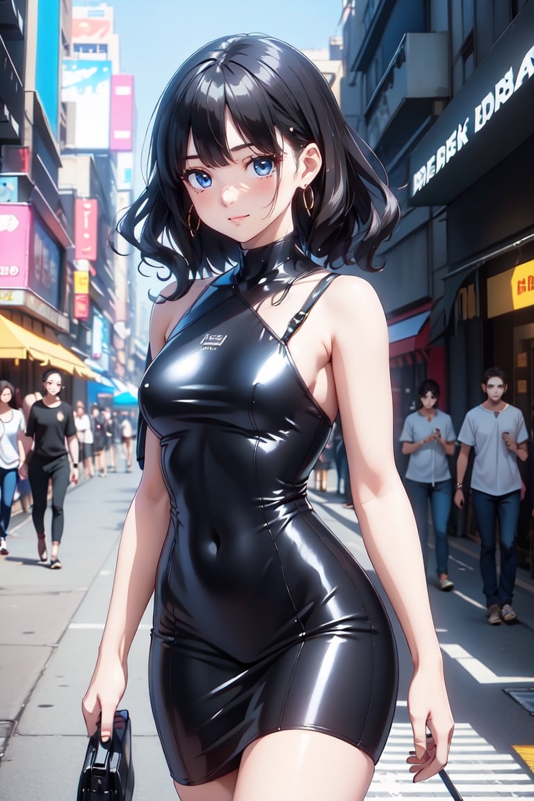 New York City,street,
20 yo, 1 girl, beautiful korean girl,walking,happy smile,
wearing sexy tight dress,black simple dress(strap),shoulder bag,solo, {beautiful and detailed eyes}, dark eyes, calm expression, delicate facial features, ((model pose)), Glamor body type, (dark hair:1.2),hair_past_waist,curly hair,very long hair,simple tiny earrings, flim grain, realhands, masterpiece, Best Quality, 16k, photorealistic, ultra-detailed, finely detailed, high resolution, perfect dynamic composition, beautiful detailed eyes, eye smile, ((nervous and embarrassed)), sharp-focus, full_body, cowboy_shot,Mecha,Cyberpunk