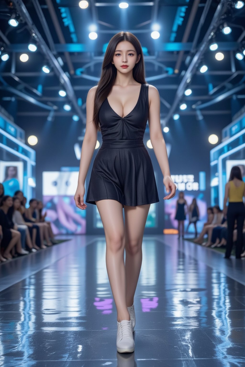 An 18-year-old girl, dressed in a school uniform, walks confidently on a futuristic runway, lit by digital spotlights. Her eyes are focused straight ahead, filled with passion and drive to achieve stardom, and a soft smile graces her face, adding a touch of warmth and optimism. Around her, holographic visuals of AI technology shimmer, symbolizing the modern world where her talent will shine. Full-body, capturing her strong posture, the energy of her smile, and the vibrant world of AI advancements.