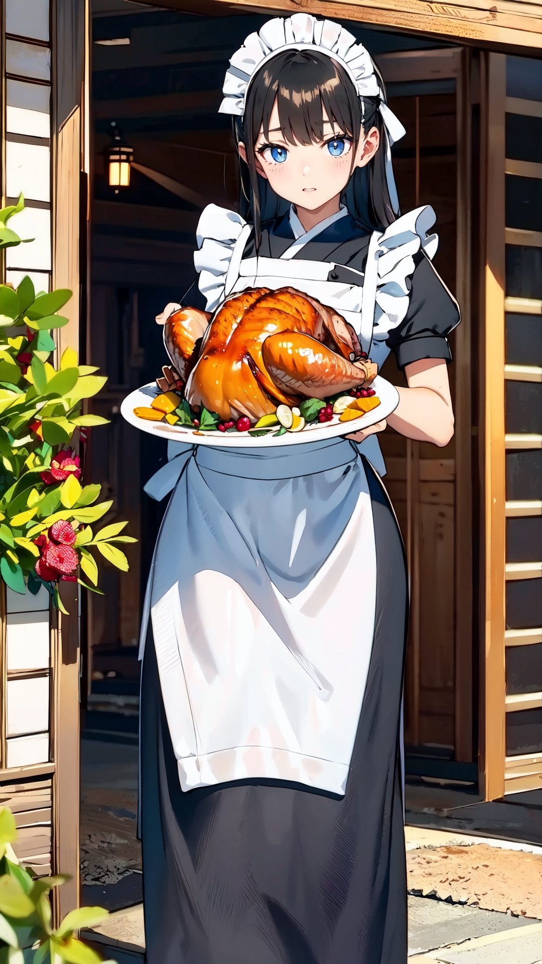 maid carries a plate of Thanksgiving turkey,Japanese girl