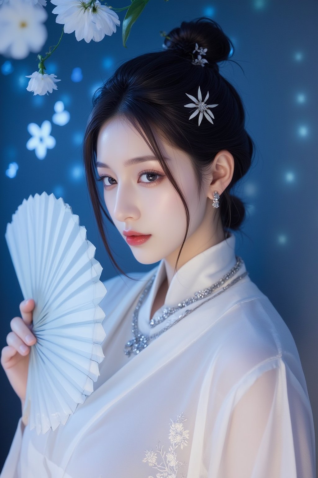 A close-up shot of a Asian woman in a white chinese clothes with a silver necklace and earrings. She is holding a white fan. The woman's hair is adorned with white flowers adding a touch of beauty to the scene. creating a soft focus on the woman's face. neon lighting. (cover the background wall with light blue flowers:1.3), (looking at viewer, upper body),Spider spirit Fourth sister