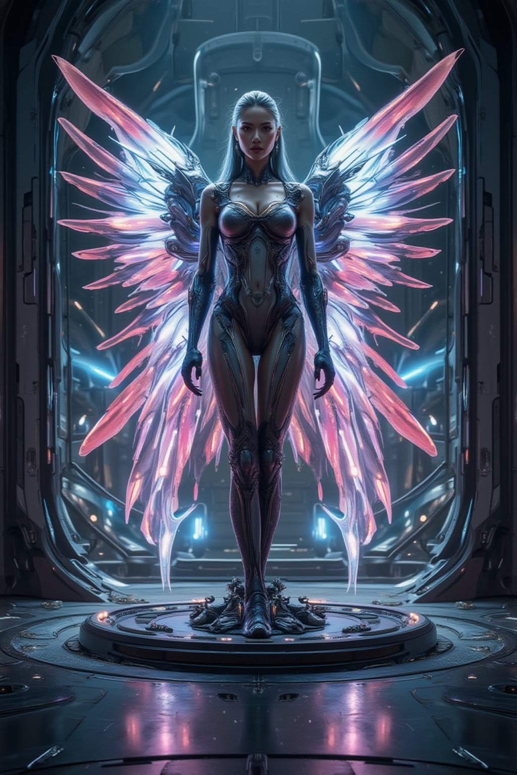 A futuristic angelic maiden, radiating ethereal beauty, stands poised on a gleaming metallic platform amidst a kaleidoscope of swirling lights and holographic projections. Her slender form is adorned with iridescent mechanical wings that shimmer and glow with an intense luminosity, as if infused with the essence of stardust.,FuturEvoLabArmor