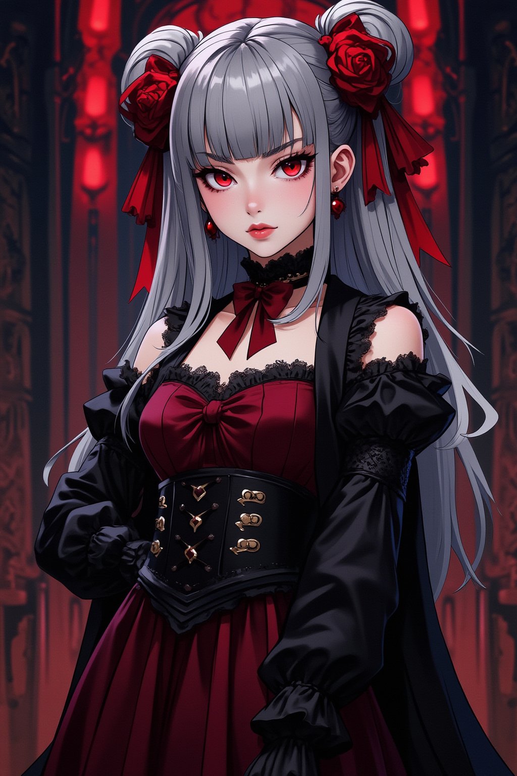 Create an anime-style illustration of a powerful female character inspired by Shalltear Bloodfallen. She has long, dark silver hair (Big red bow on the head), red eyes, dressed in an intricately designed dark medieval outfit adorned with lace and armor. Her expression is confident and somewhat playful, conveying her vampiric charm. The background should be a gothic castle interior, with dim lighting and ornate decor, adding to the dark fantasy atmosphere. Include elements like a glowing orb or magical sigils to emphasize her magical prowess, shelter


