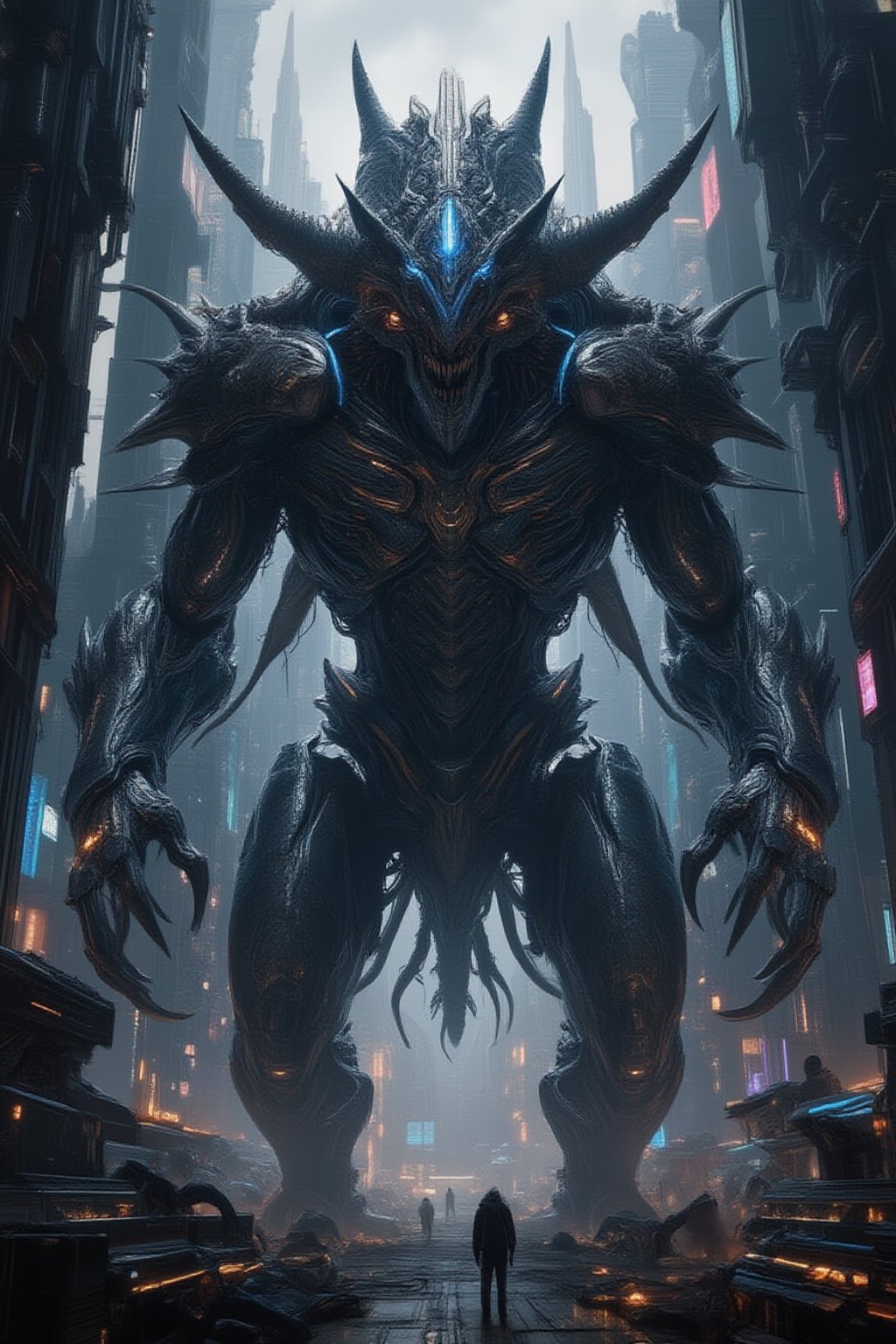 A colossal alien creature rampaging through a futuristic metropolis, its body covered in thick, scaly armor with glowing blue veins running across its skin. The alien has multiple limbs, some with sharp claws and others emitting strange energy. The futuristic city is made of sleek glass and metal skyscrapers, with flying cars and neon billboards, now being destroyed by the massive creature. The city is engulfed in smoke, fire, and chaos as the alien moves through it,FuturEvoLabGiant,FuturEvoLabMecha,FuturEvoLabArmor