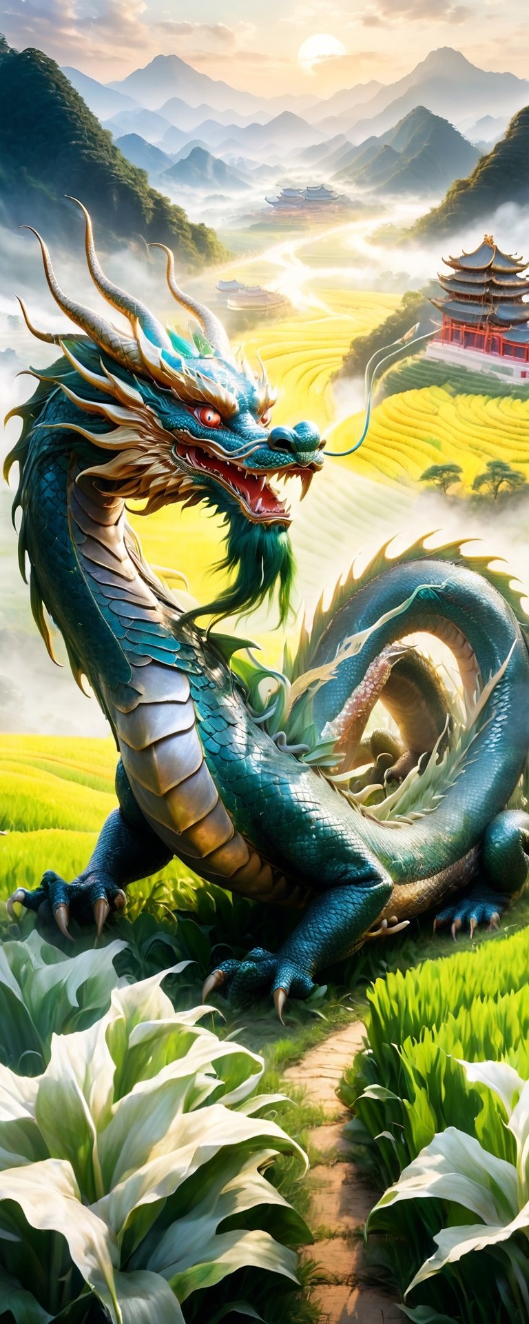 Striking depiction of 'The dragon appearing in the field', traditional Chinese dragon with splendid scales and regal posture, prominently displayed against lush fields, symbolizing visibility and awakening potential, majestic and formidable appearance, body coiling elegantly, piercing gaze, embodying wisdom and emerging power, rich and fertile fields, enhancing significance of dragon's emergence, promise of growth and prosperity, by FuturEvoLab, (Masterpiece, Best Quality, 8k:1.2), (Ultra-Detailed, Highres, Extremely Detailed, Absurdres, Incredibly Absurdres, Huge Filesize:1.1), vivid and dynamic composition,Chinese dragon