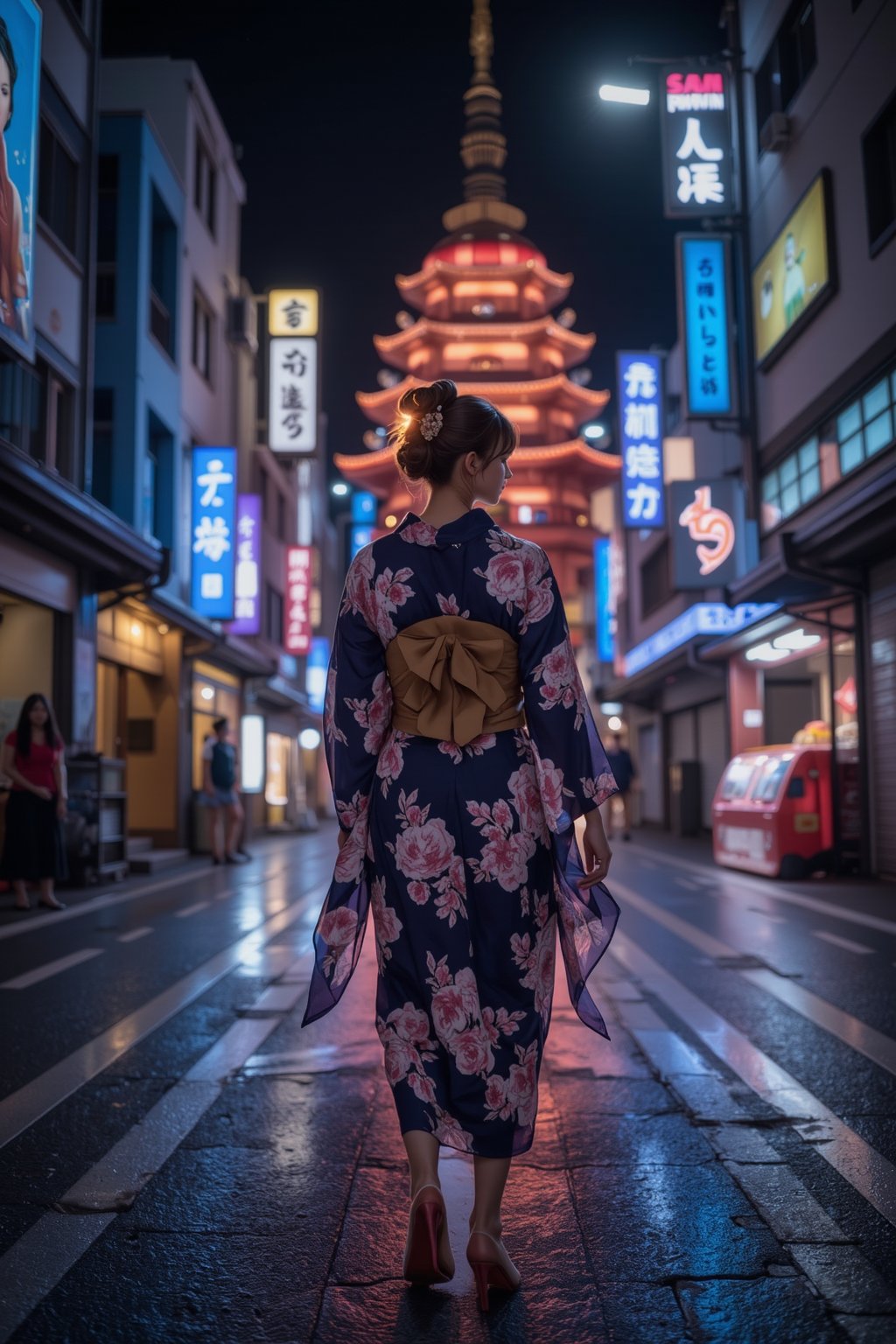 A beautiful Japanese woman walks gracefully down the neon-lit streets of futuristic Kyoto at night, her back turned to the viewer, showcasing the flowing lines of her traditional kimono. The glowing, luminescent fibers of the fabric shimmer softly under the city’s vibrant lights, as her geisha-style updo, adorned with futuristic kanzashi, emits a gentle glow. In the distance, AI-enhanced temples glow brightly with neon lights and digital panels, displaying traditional Japanese imagery in a futuristic style. Their reflections ripple across the sleek, polished streets as the woman strides forward, while nearby street vendors’ holographically projected goods blend seamlessly with the high-tech surroundings, creating a harmonious fusion of tradition and advanced technology.
