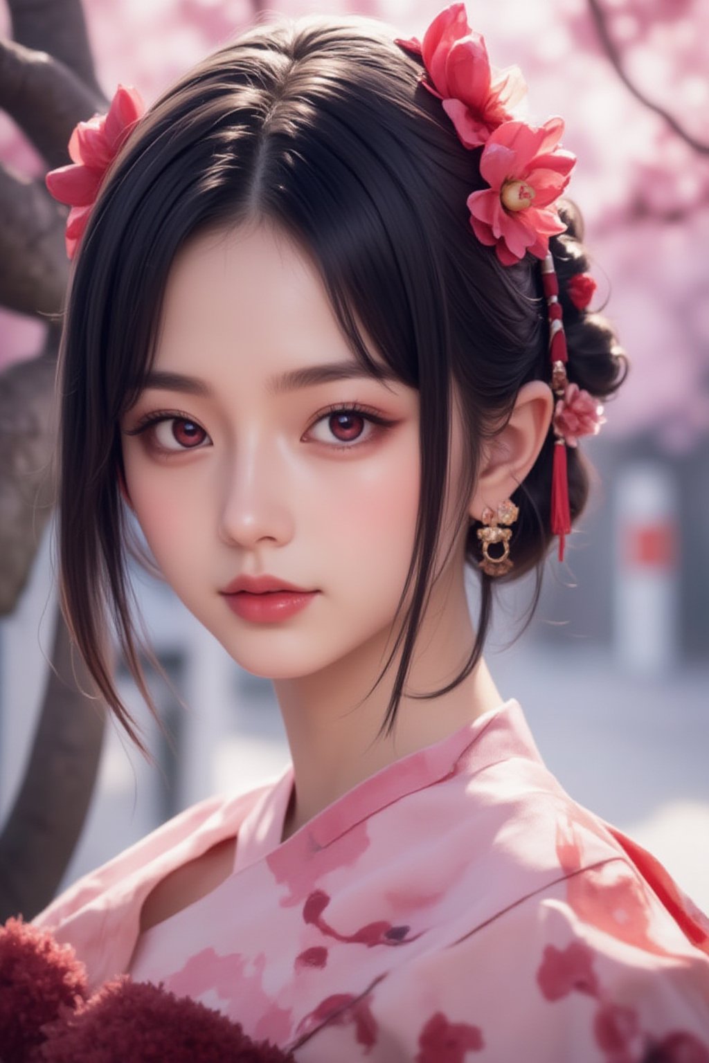 1girl, solo, looking at viewer, smile, bangs, black hair, hair ornament, red eyes, bow, jewelry, closed mouth, upper body, flower, earrings, outdoors, japanese clothes, pink eyes, kimono, blurry, tree, lips, parted bangs, eyelashes, makeup, depth of field, blurry background, floral print, cherry blossoms, tassel, hair rings, nose, branch