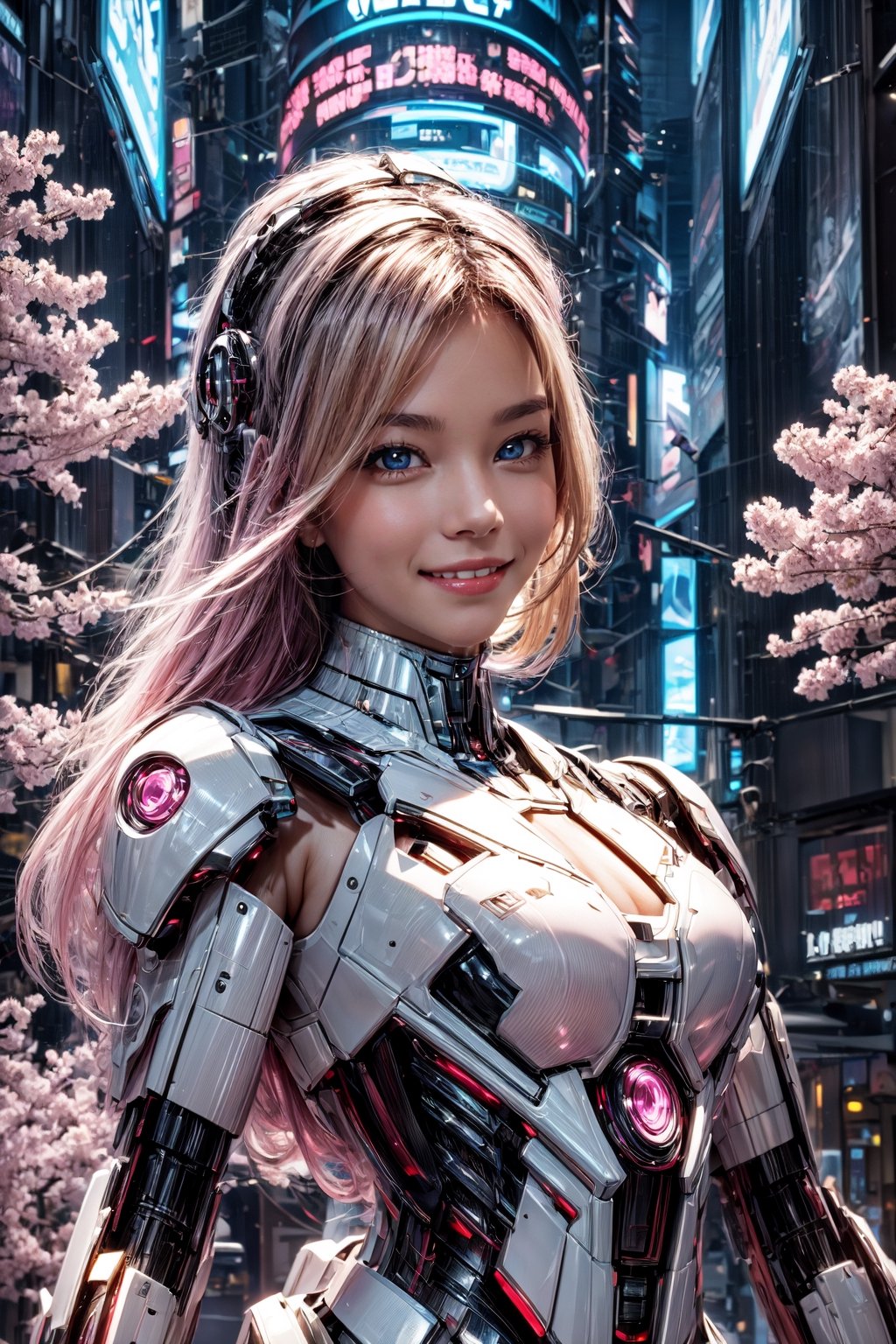 Masterpiece, High quality, 64K, Unity 64K Wallpaper, HDR, Best Quality, RAW, Super Fine Photography, Super High Resolution, Super Detailed, 
Beautiful and Aesthetic, Stunningly beautiful, Perfect proportions, 
1girl, Solo, White skin, Detailed skin, Realistic skin details, 
Futuristic Mecha, Arms Mecha, Dynamic pose, Battle stance, Swaying hair, by FuturEvoLab, 
Dark City Night, Cyberpunk city, Cyberpunk architecture, Future architecture, Fine architecture, Accurate architectural structure, Detailed complex busy background, Gorgeous, Cherry blossoms,
Sharp focus, Perfect facial features, Pure and pretty, Perfect eyes, Lively eyes, Elegant face, Delicate face, Exquisite face, Pink Mecha, 