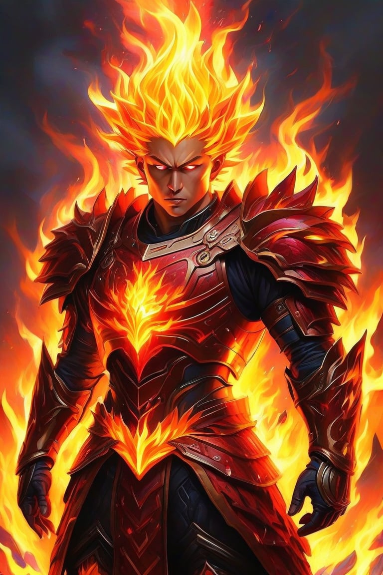 masterpiece, best quality, anime, FuturEvoLabMecha, 1boy, solo, red eyes, closed mouth, standing, cowboy shot, armor, glowing, spiked hair, glowing eyes, looking at viewer, gray background,  