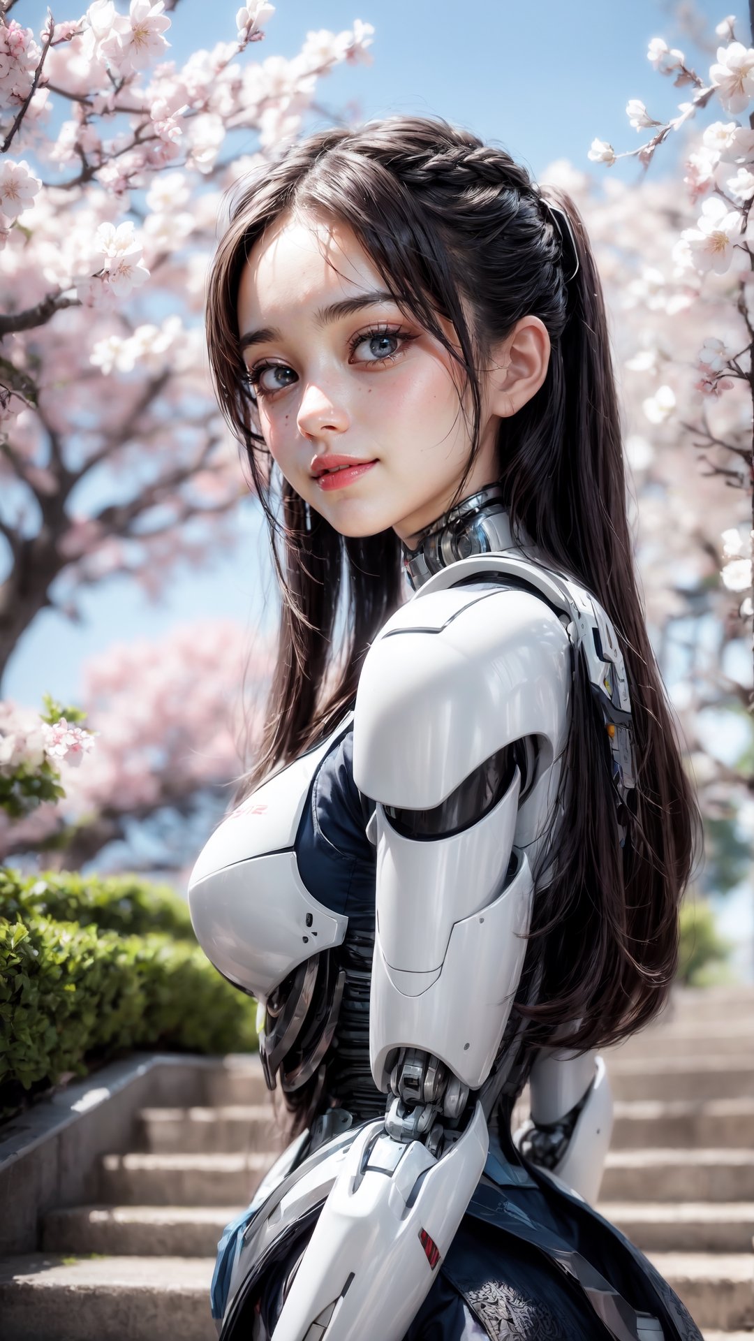 masterpiece, best quality, 1girl, yellow eyes, Beautiful face, delicate eyes, smile, long hair, white hair, tree, stairs, standing, sky, cherry blossoms, temple, looking at viewer, upper body, from below, looking back, ((Mecha)), young girl, Cyberpunk, CyberMechaGirl