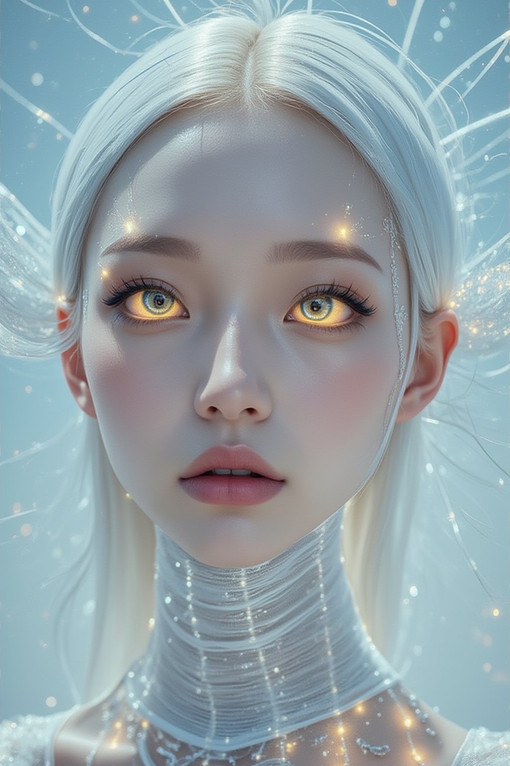 close, albino woman with glowing eyes and hair in white gold jewelry, light painting, futuristic digital, realistic sci-fi, lights, gold filigree, silver lashes, diamond, ethereal, misty, holographic, white sky on background,glitter