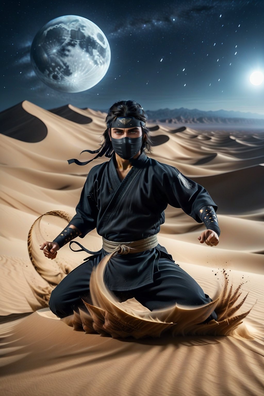 A ninja performing Earth-style ninjutsu in the desert at night. The scene is illuminated by the moon and stars, casting long shadows and highlighting the ninja's focused expression. Sand and rocks are levitating around the ninja, caught in the act of manipulation. The desert landscape is visible in the moonlight, adding a mysterious atmosphere to the scene.