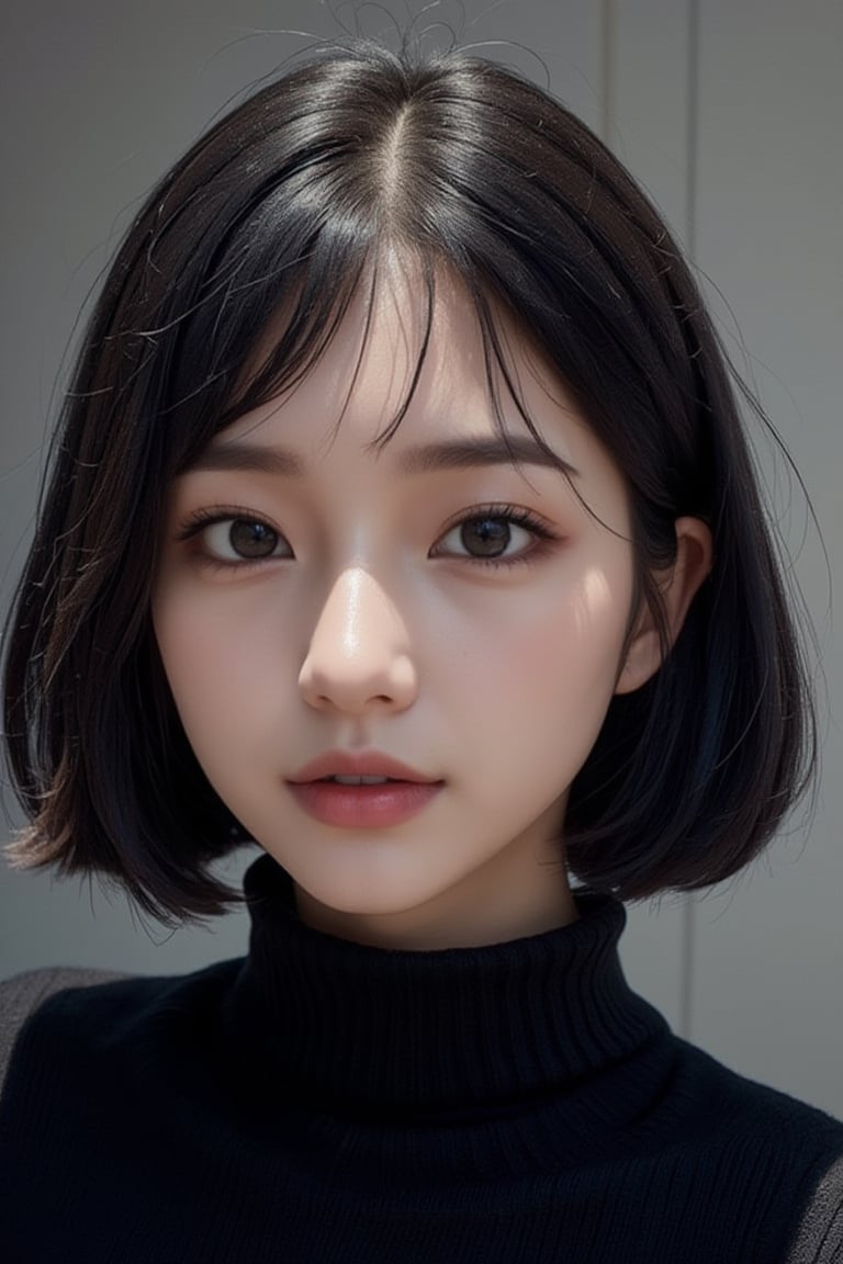 Create a photorealistic portrait of a pure and innocent 32-year-old Japanese woman with a black bob haircut. She is wearing a black turtleneck sweater that highlights her facial features and expression, emphasizing her cuteness and innocence. The lighting should be soft and natural, with a close-up composition that focuses on her kind demeanor. The photo should have a high resolution, using a soft focus lens to capture the texture and details of the sweater, while maintaining a minimalist approach without background distractions, FuturEvoLabArmor, 