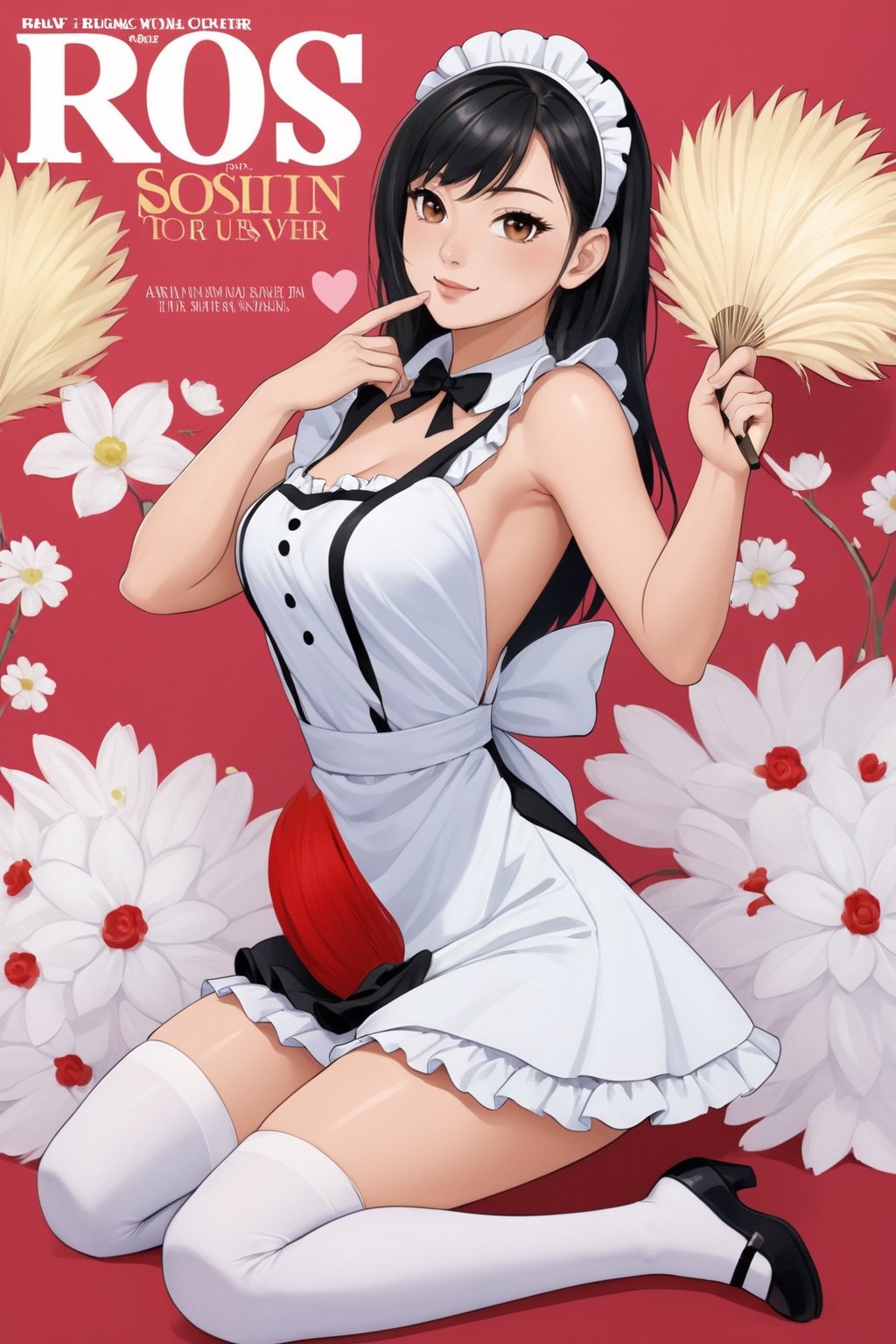 score_9, score_8_up, score_7_up,  1girl, maid, black hair, long hair, seducing viewer, feather duster, heart, curvy, maid headband, looking at the viewer, female focus, fishnets, posing, flowers, kneeling, red theme, from behind, magazine cover, ,Maid uniform