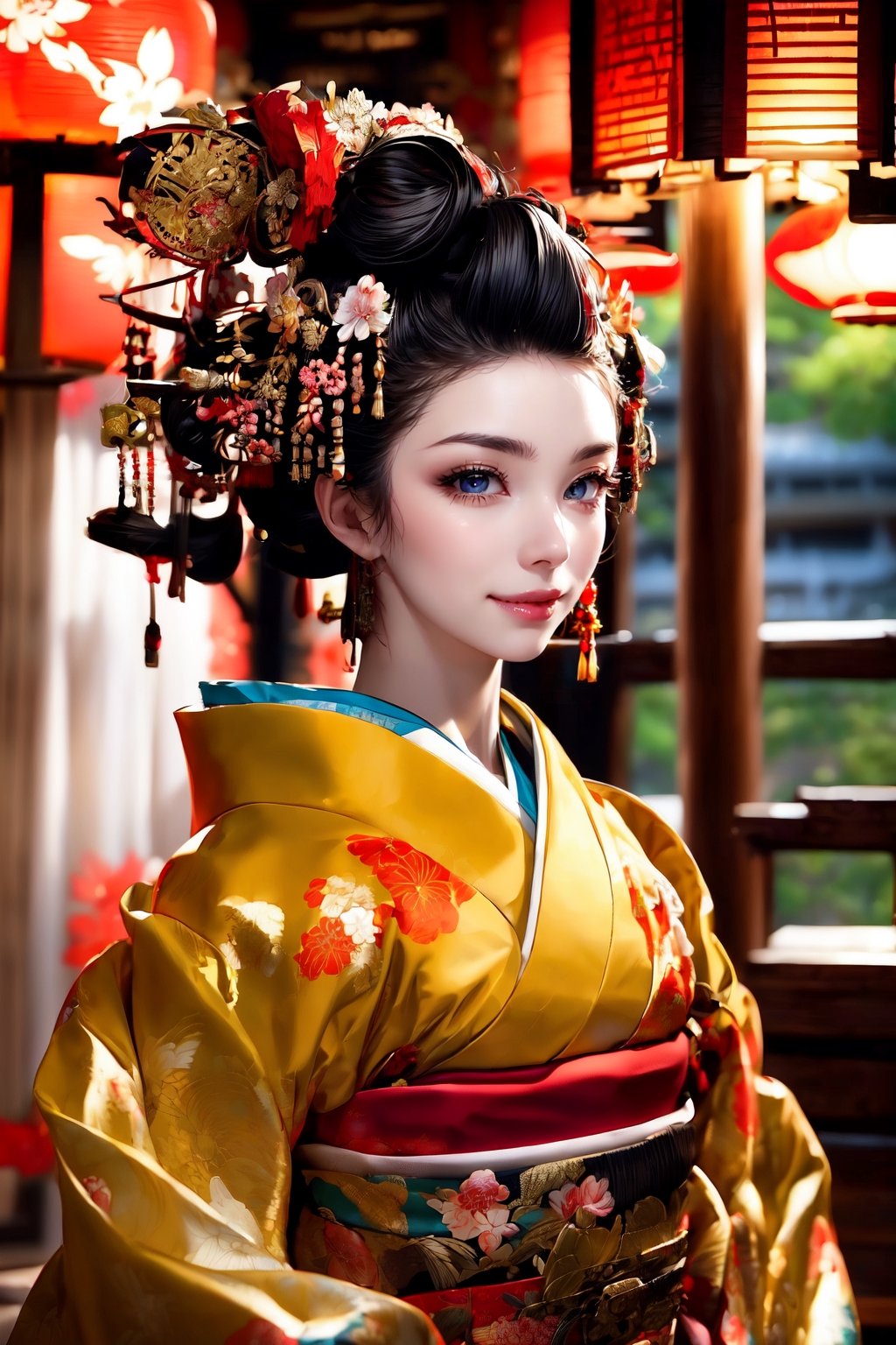 vibrant, detailed, high-resolution, artistic, 
Oiran, Japanese courtesan, Gorgeous kimono,
Red and yellow kimonos, elaborate hairstyle, elegant posture, subtle makeup, refined gestures, 
historical Japanese setting, Edo period, teahouse interior, traditional Japanese garden, cherry blossoms, Japanese lanterns, wooden architecture, by FuturEvoLab, 
cultural, historical, serene, colorful, ornate accessories, Phoenix pattern, floral patterns, silk fabrics, cultural heritage, 