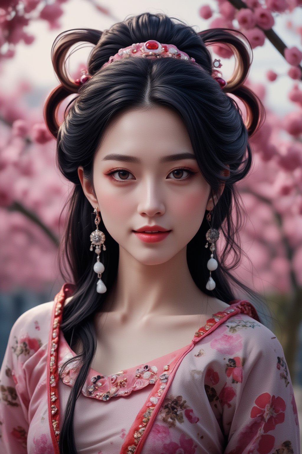 A serene Japanese maiden stands alone against a blurry backdrop of blooming cherry blossom trees. She gazes directly at the viewer with a gentle smile, her parted bangs framing her heart-shaped face. Her black hair cascades down her back, adorned with intricate hair ornaments and hair rings. Red eyes sparkle beneath luscious eyelashes, and her lips curve upward in a subtle grin. A floral print kimono drapes across her upper body, its vibrant colors muted by the soft focus of the background. Delicate earrings and a tassel dangle from her ears as she wears a bow-adorned hairstyle. The camera's shallow depth of field blurs everything except for our subject, emphasizing her captivating presence.