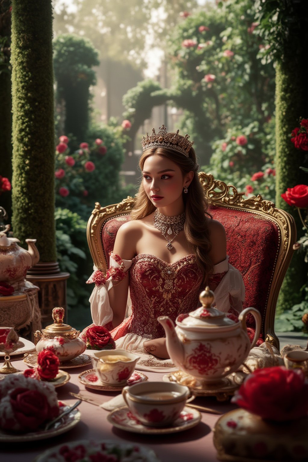 Best quality, masterpiece, ultra high res, (photorealistic:1.5), raw photo, 1girl, sexy look, Beautiful eyes,(masterpiece, best quality), score_9, score_8_up, score_7_up, masterpiece, best quality, absurdres, very aesthetic.A fantasy scene set in a lush, enchanted garden during a majestic royal tea time. The central figure is a stunning Red Heart Queen, exuding beauty and elegance. She is dressed in an elaborate, flowing gown adorned with intricate red heart patterns, with a regal crown perched on her head. Her long, wavy hair cascades down her chest, complementing her radiant, flawless skin. The garden around her is vibrant, with a rich green and red color theme, featuring blooming roses, towering hedges, and ornate topiaries. The tea table is lavishly set with fine china, ornate teapots, and a variety of delicacies, all in keeping with the red and green motif. The atmosphere is serene yet grand, with the warm glow of the sun filtering through the foliage, casting dappled light across the scene. The queen’s expression is calm and graceful as she delicately sips her tea, embodying both power and grace.,FuturEvoLabElegant